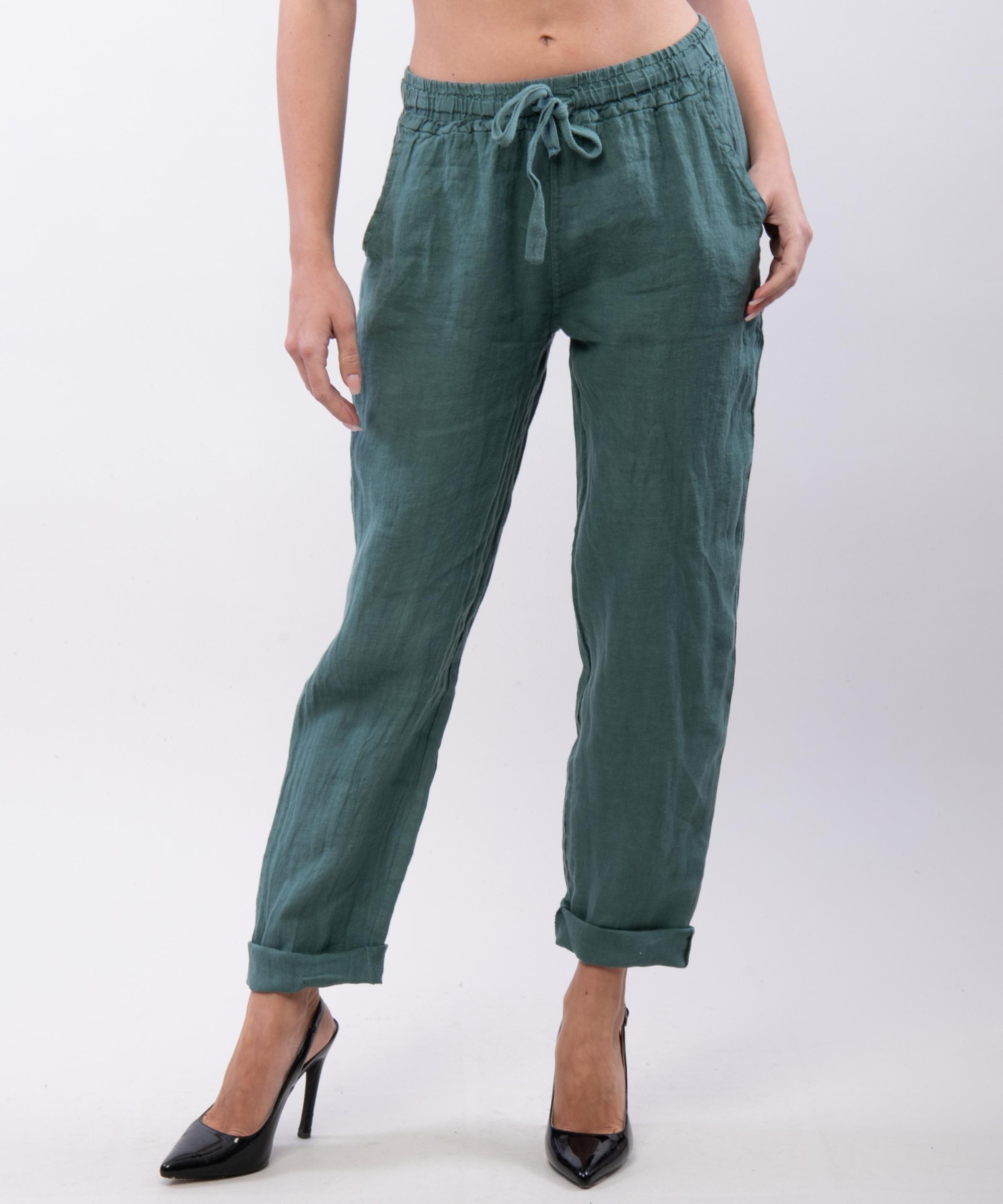 Pantaloni Dritti Lino con Elastico