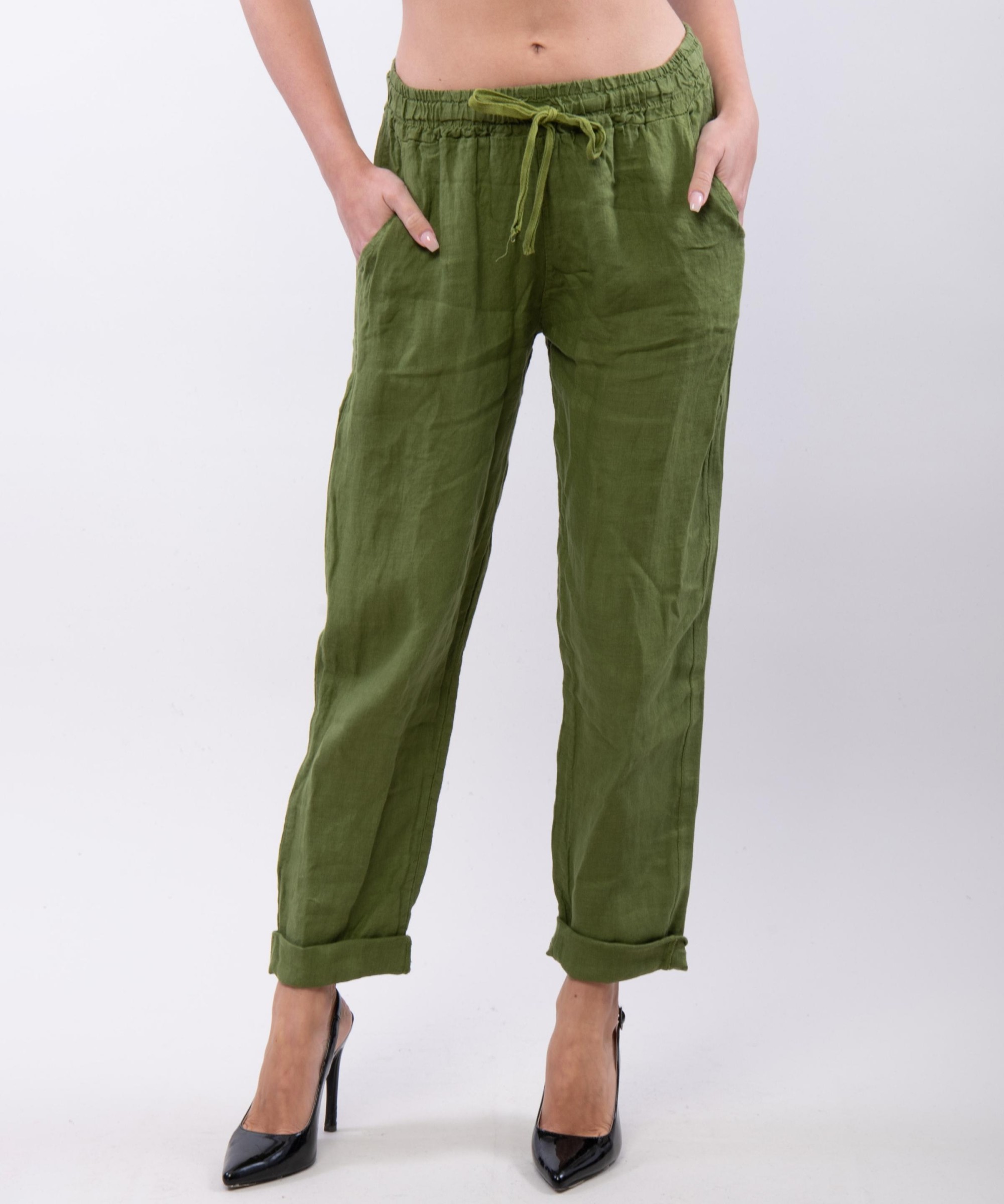 Pantaloni Dritti Lino con Elastico