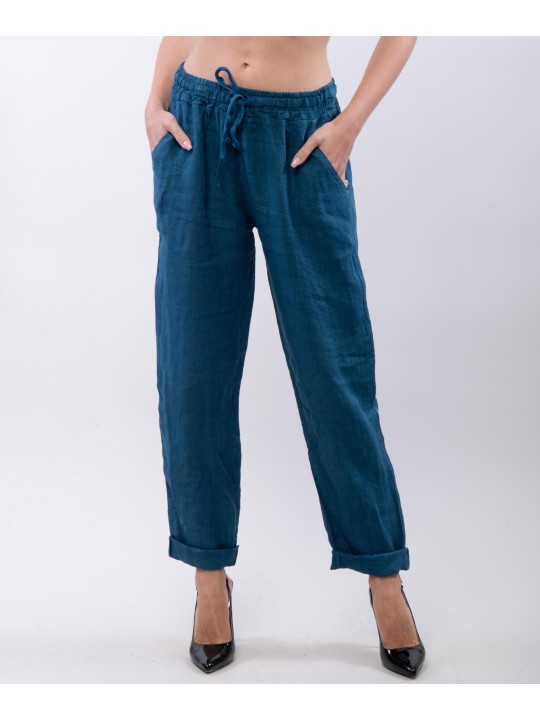 Pantaloni Dritti Lino con Elastico
