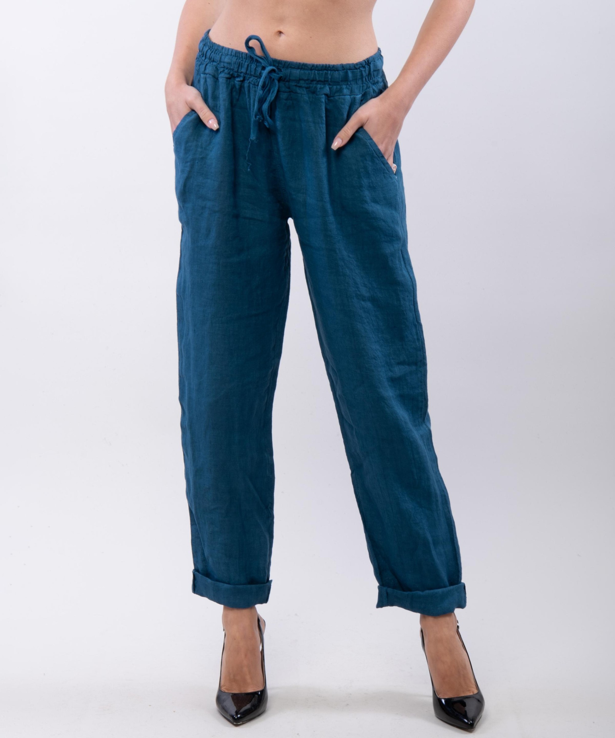 Pantaloni Dritti Lino con Elastico