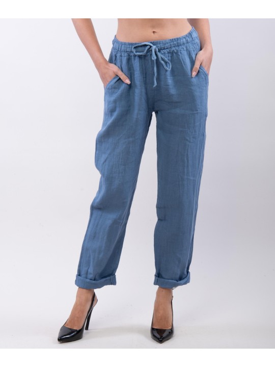 Pantaloni Dritti Lino con Elastico