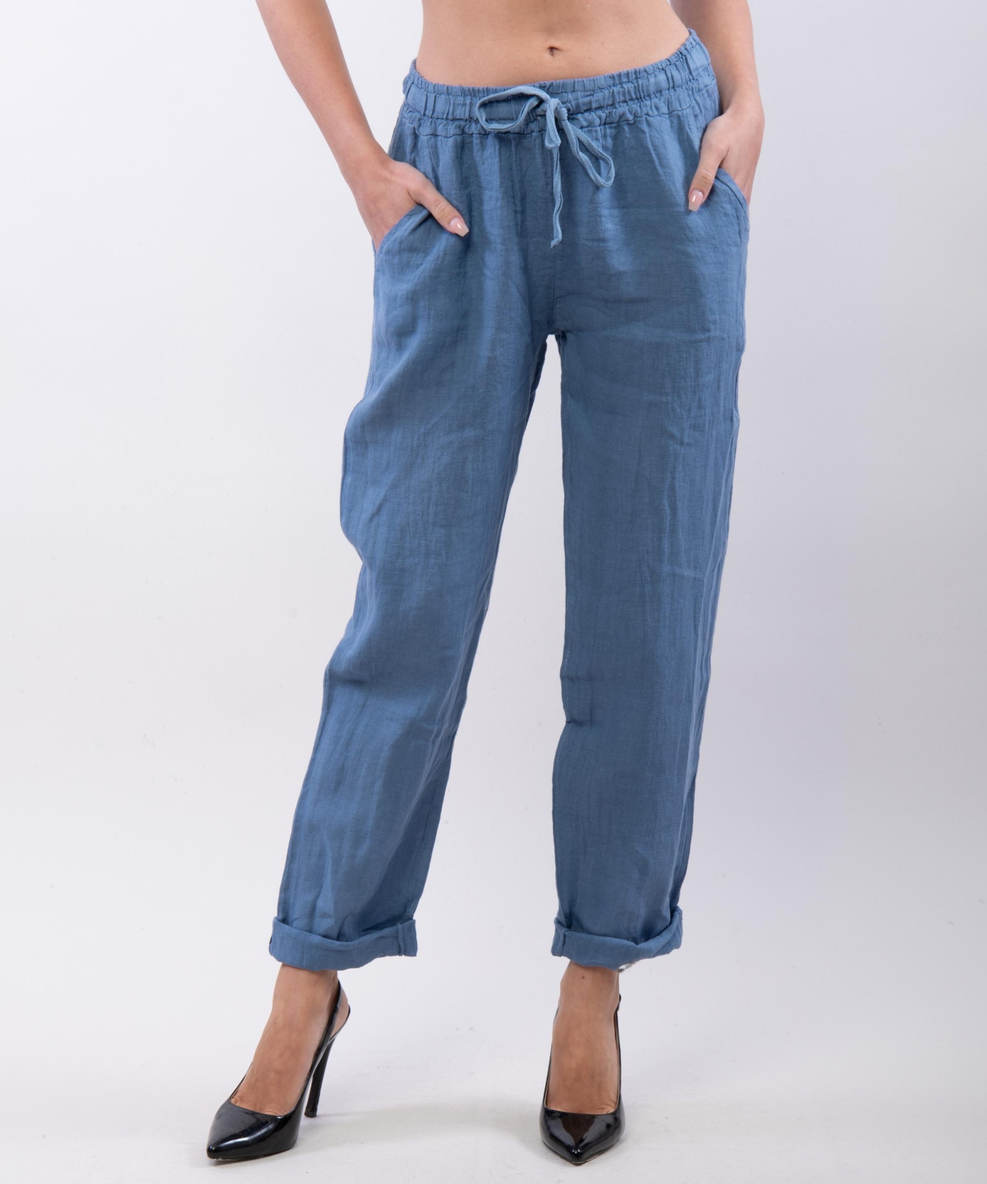 Pantaloni Dritti Lino con Elastico