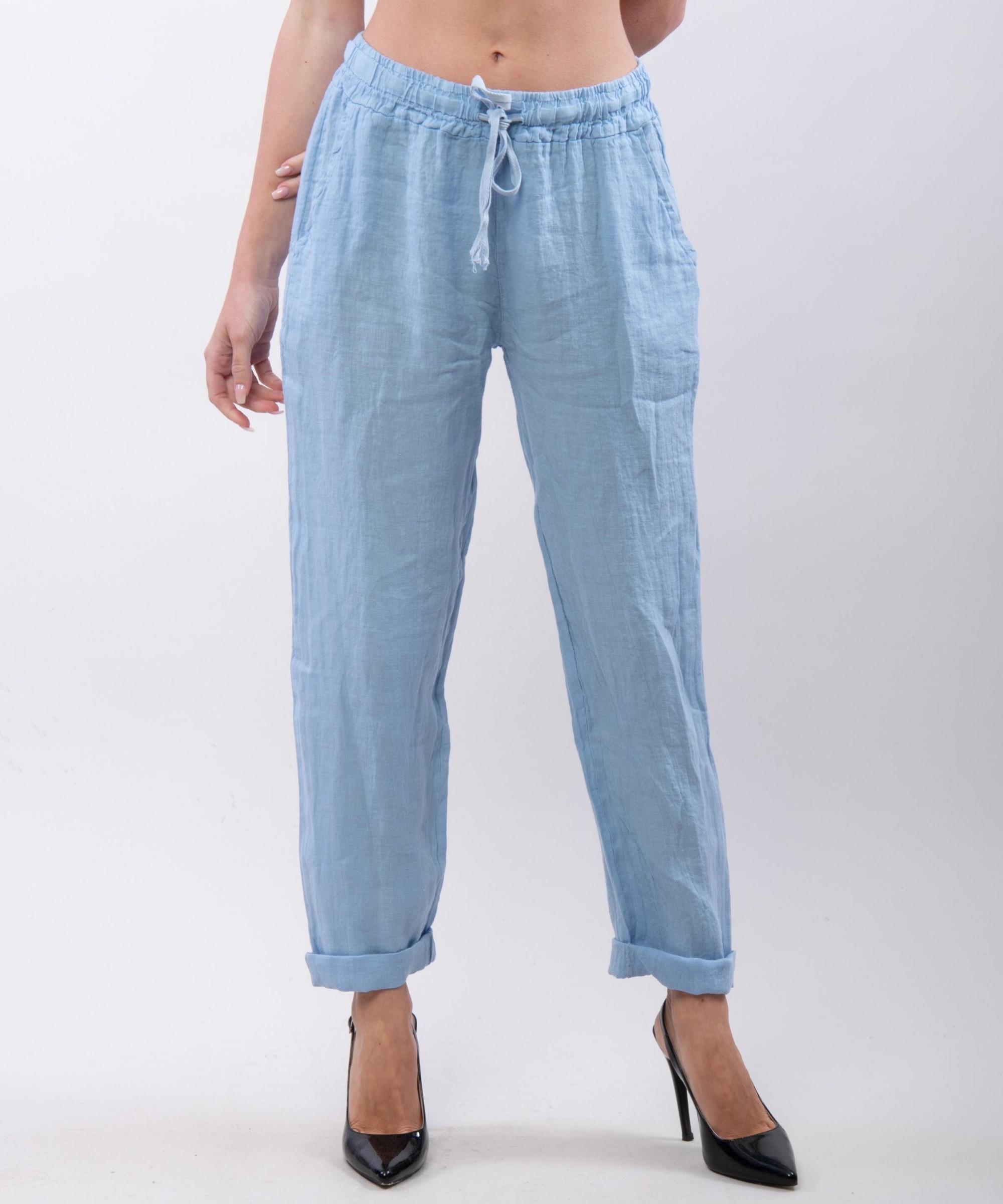 Pantaloni Dritti Lino con Elastico