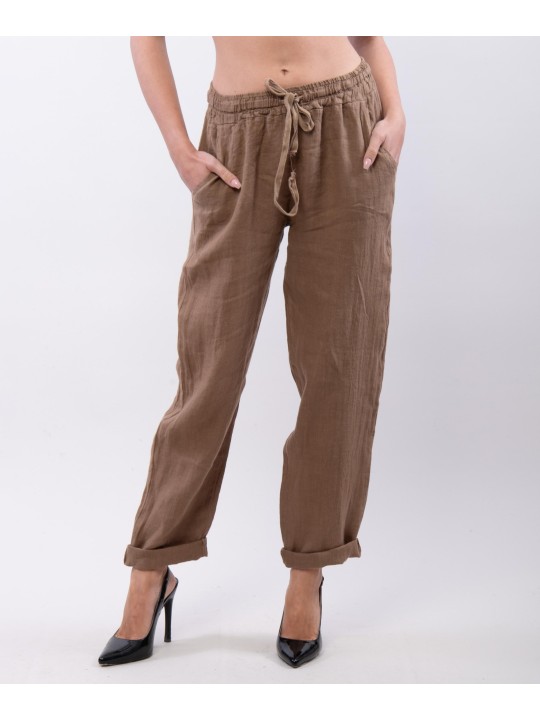 Pantaloni Dritti Lino con Elastico