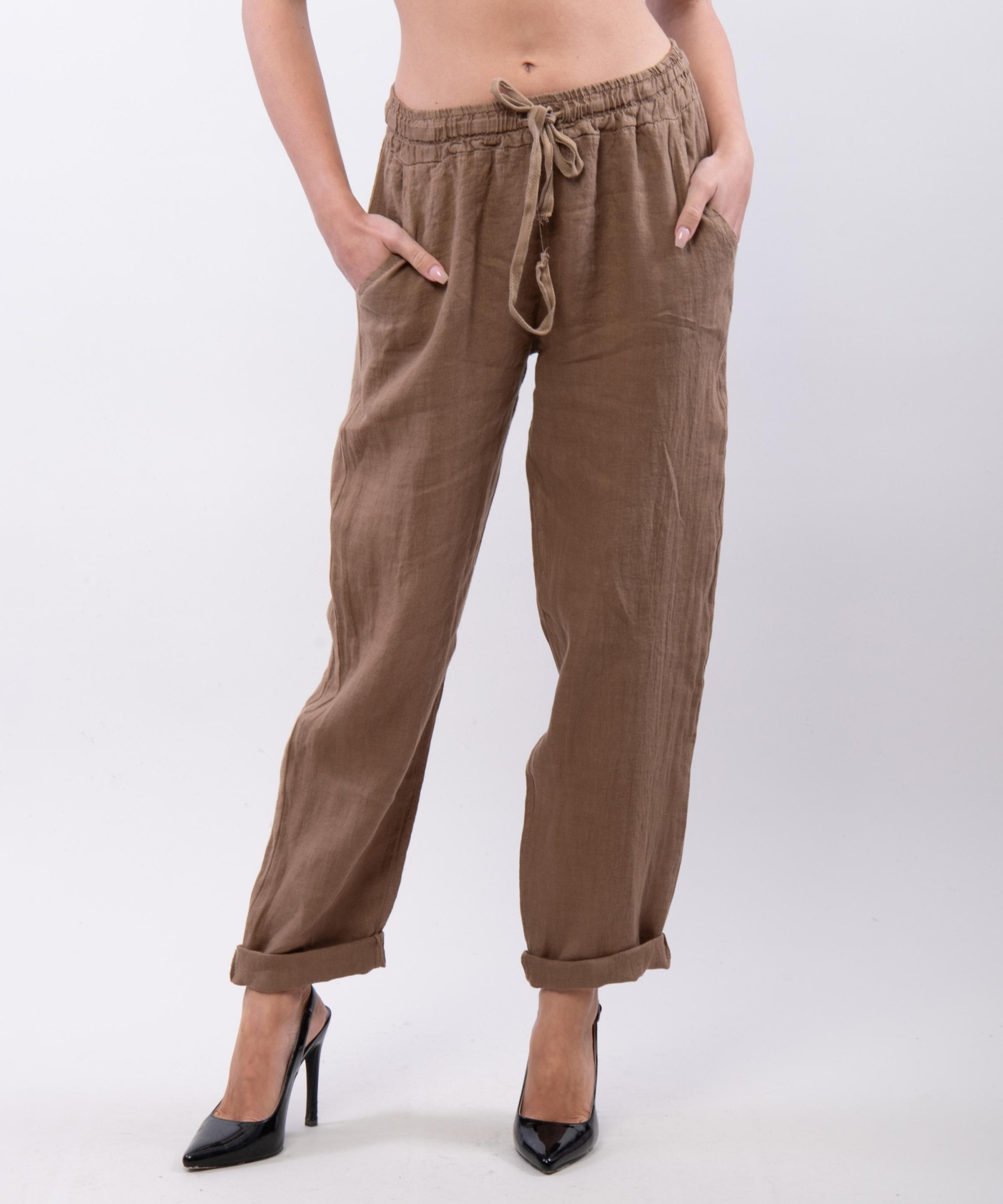 Pantaloni Dritti Lino con Elastico