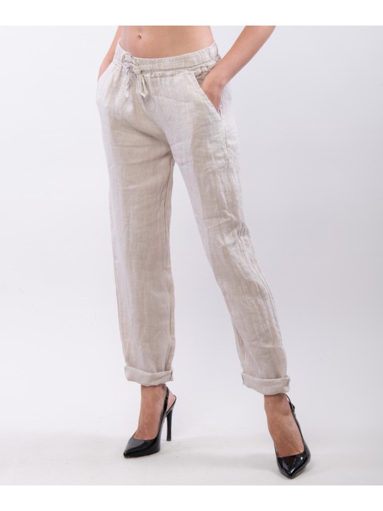 Pantaloni Dritti Lino con Elastico