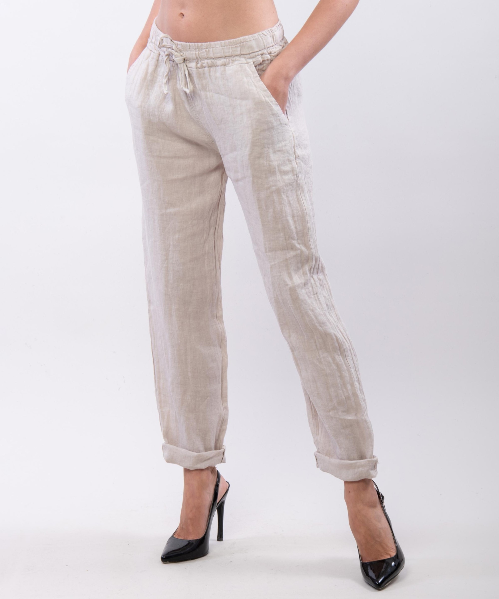 Pantaloni Dritti Lino con Elastico
