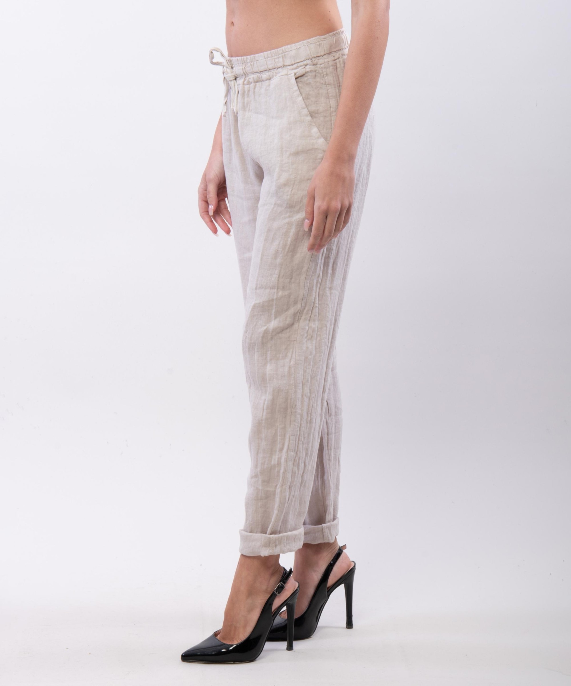 Pantaloni Dritti Lino con Elastico