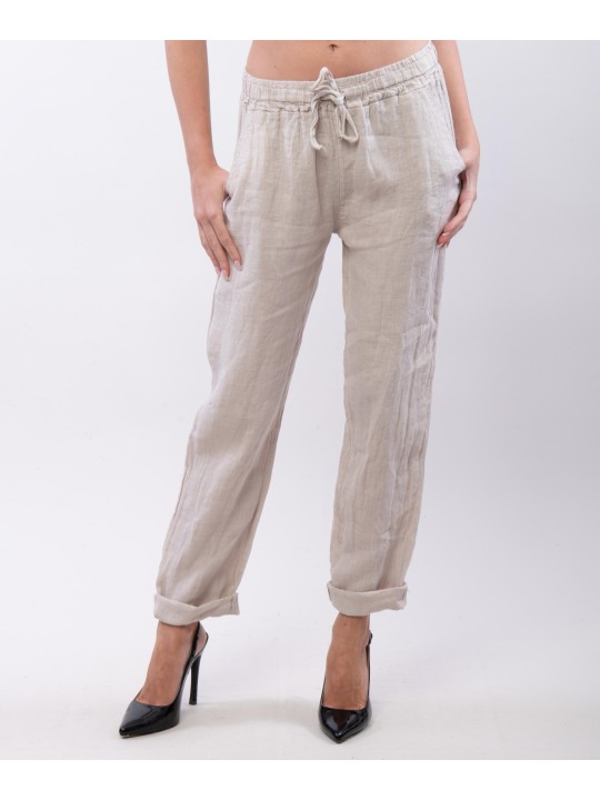 Pantaloni Dritti Lino con Elastico