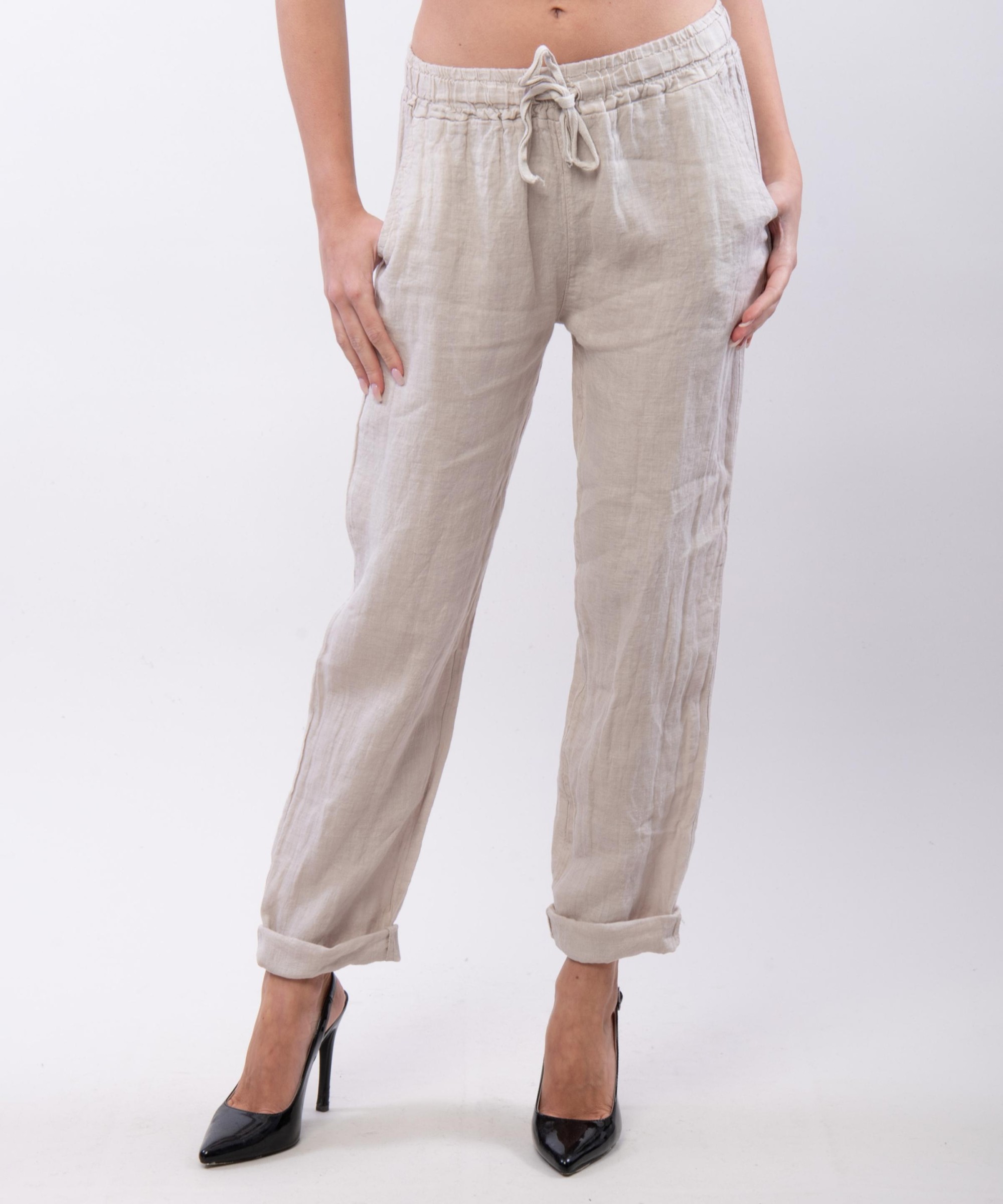 Pantaloni Dritti Lino con Elastico