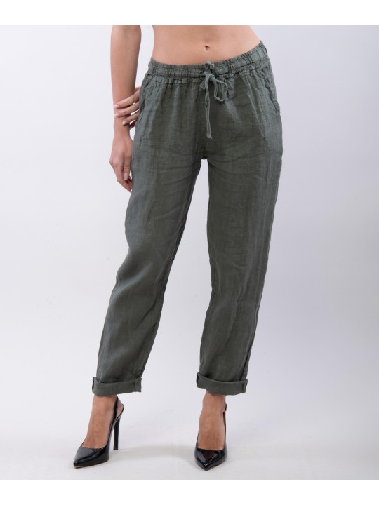 Pantaloni Dritti Lino con Elastico