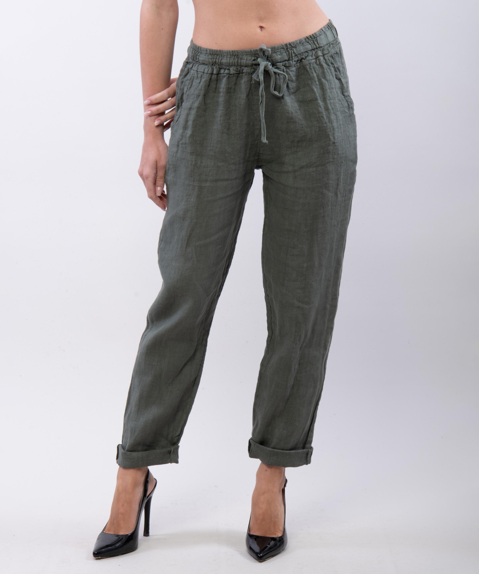 Pantaloni Dritti Lino con Elastico