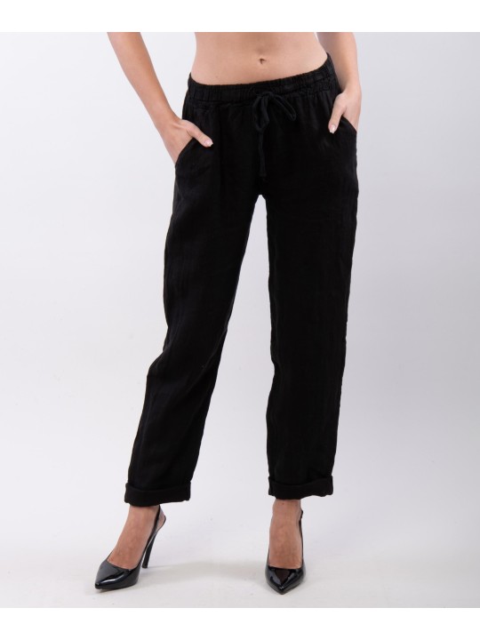 Pantaloni Dritti Lino con Elastico
