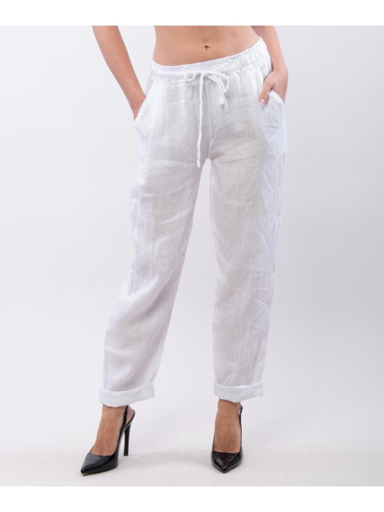 Pantaloni Dritti Lino con Elastico