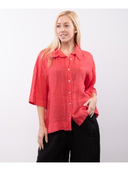 Camicia Lino Mezza Manica con Colletto orlo ricamato