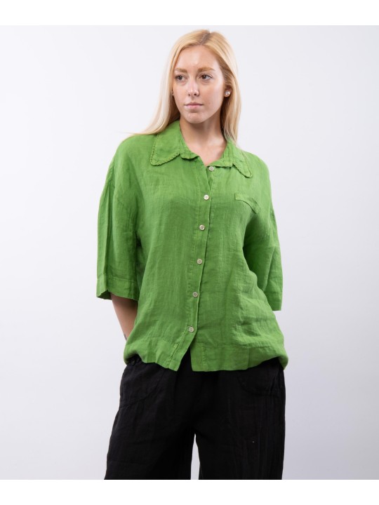 Camicia Lino Mezza Manica con Colletto orlo ricamato