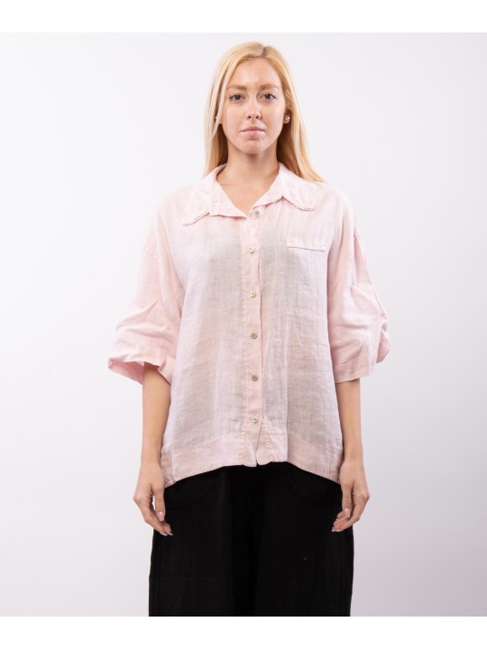 Camicia Lino Mezza Manica con Colletto orlo ricamato