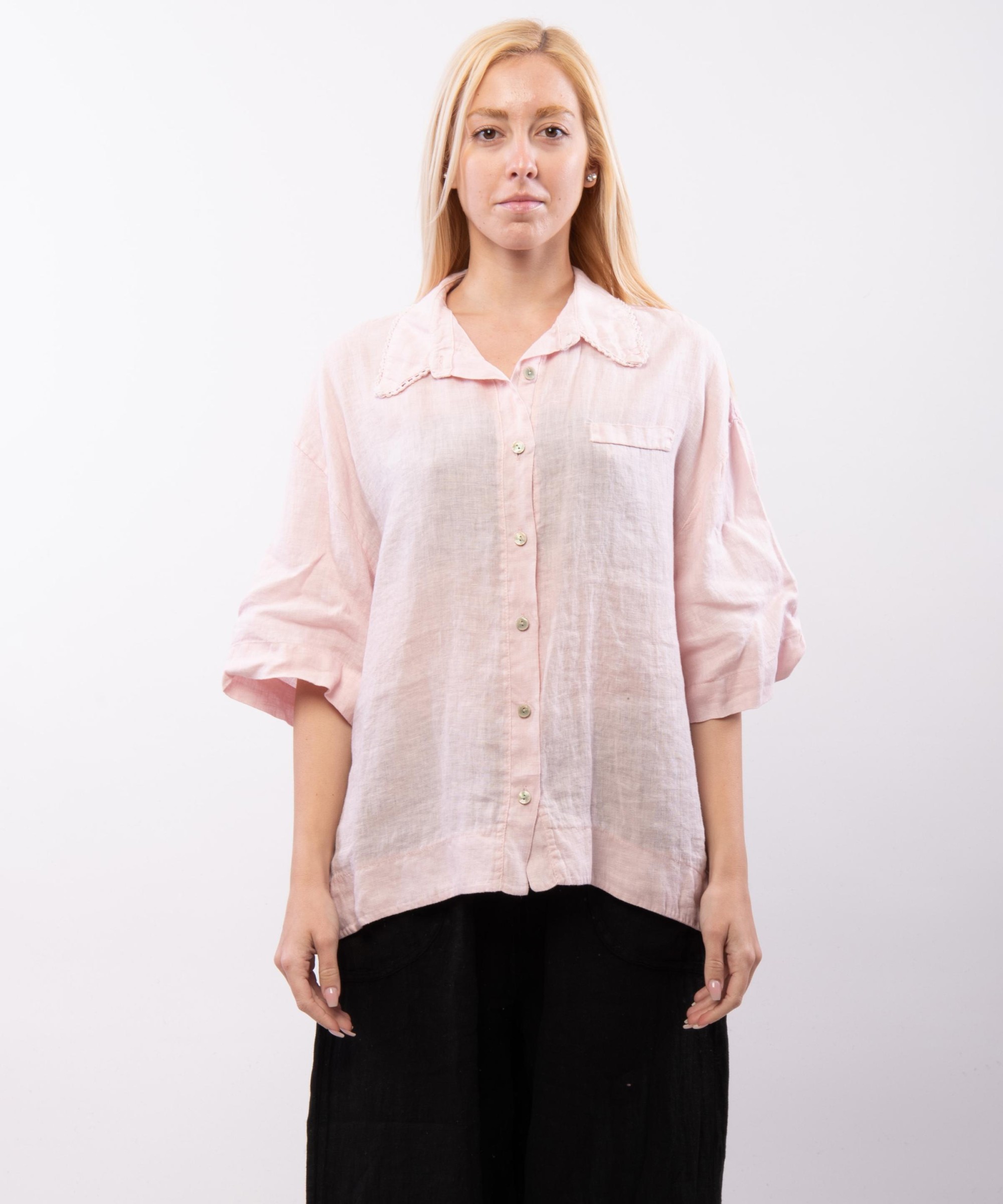 Camicia Lino Mezza Manica con Colletto orlo ricamato