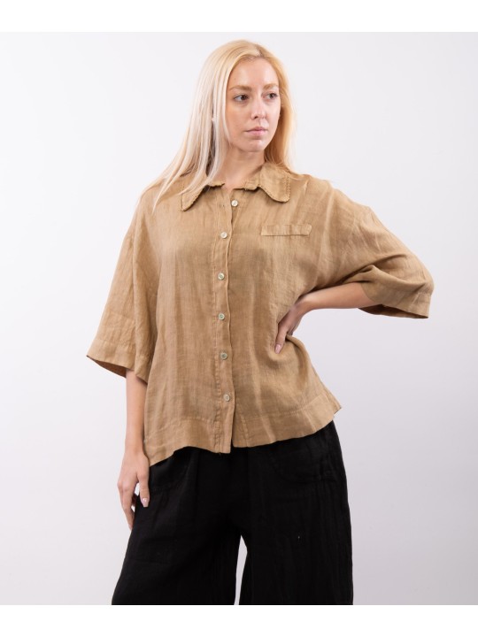 Camicia Lino Mezza Manica con Colletto orlo ricamato