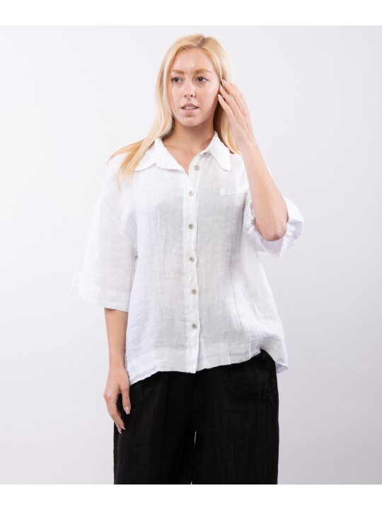 Camicia Lino Mezza Manica con Colletto orlo ricamato