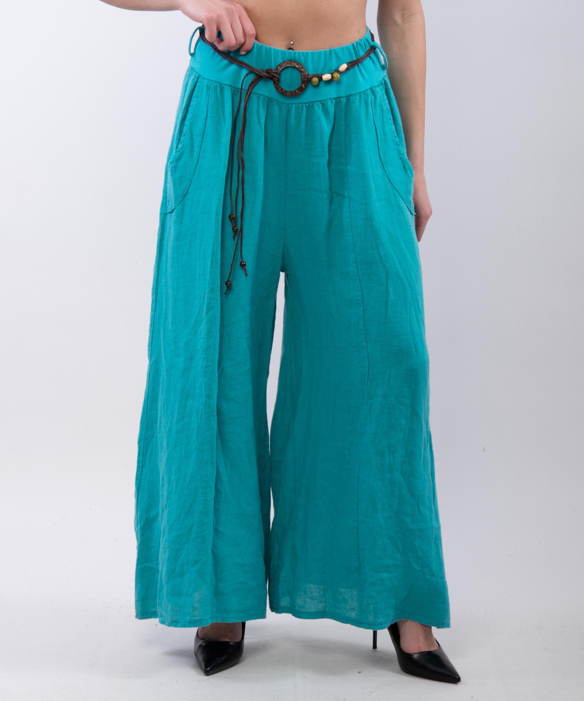 pantalone a palazzo in lino con cintura