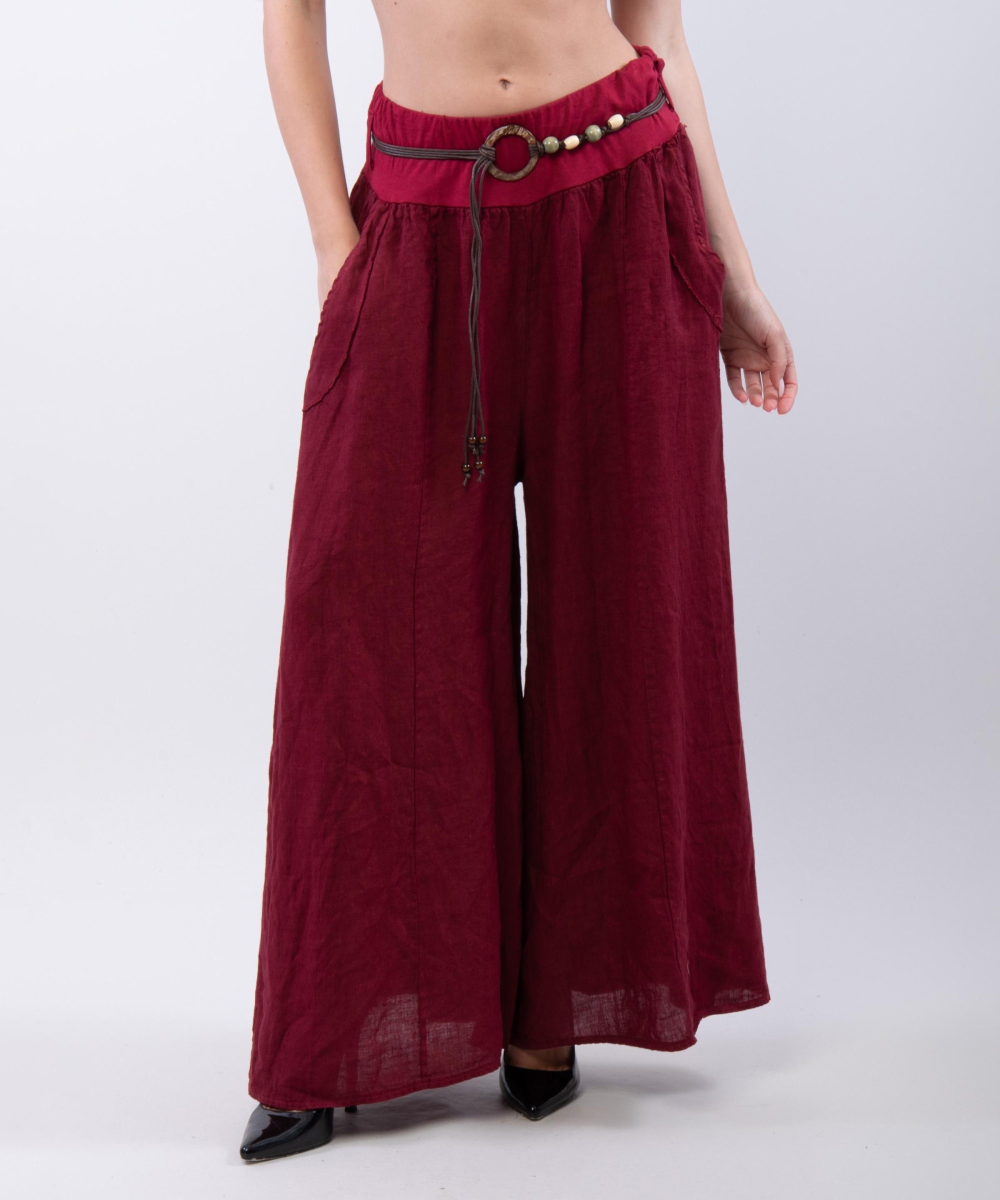 pantalone a palazzo in lino con cintura
