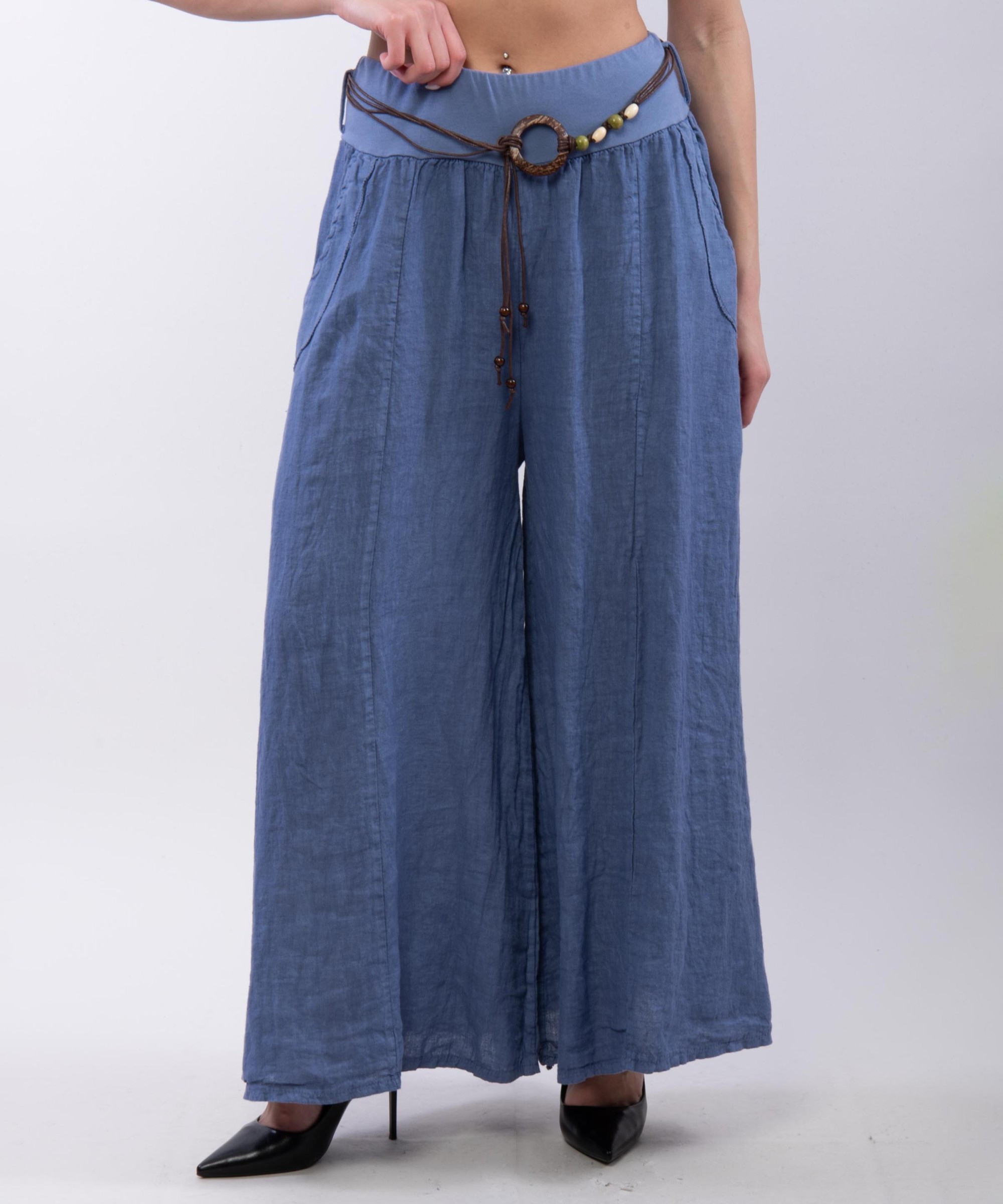 pantalone a palazzo in lino con cintura