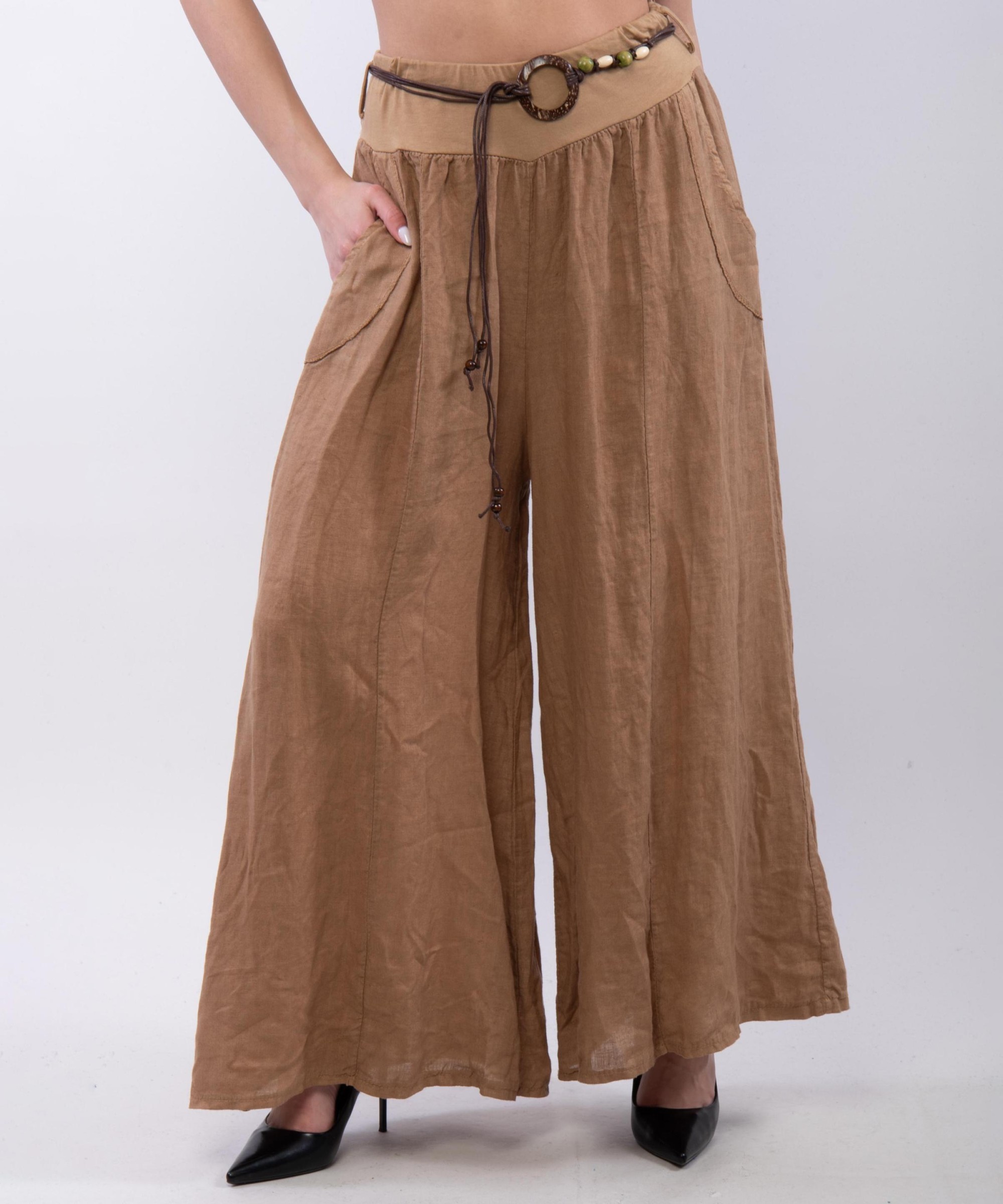pantalone a palazzo in lino con cintura
