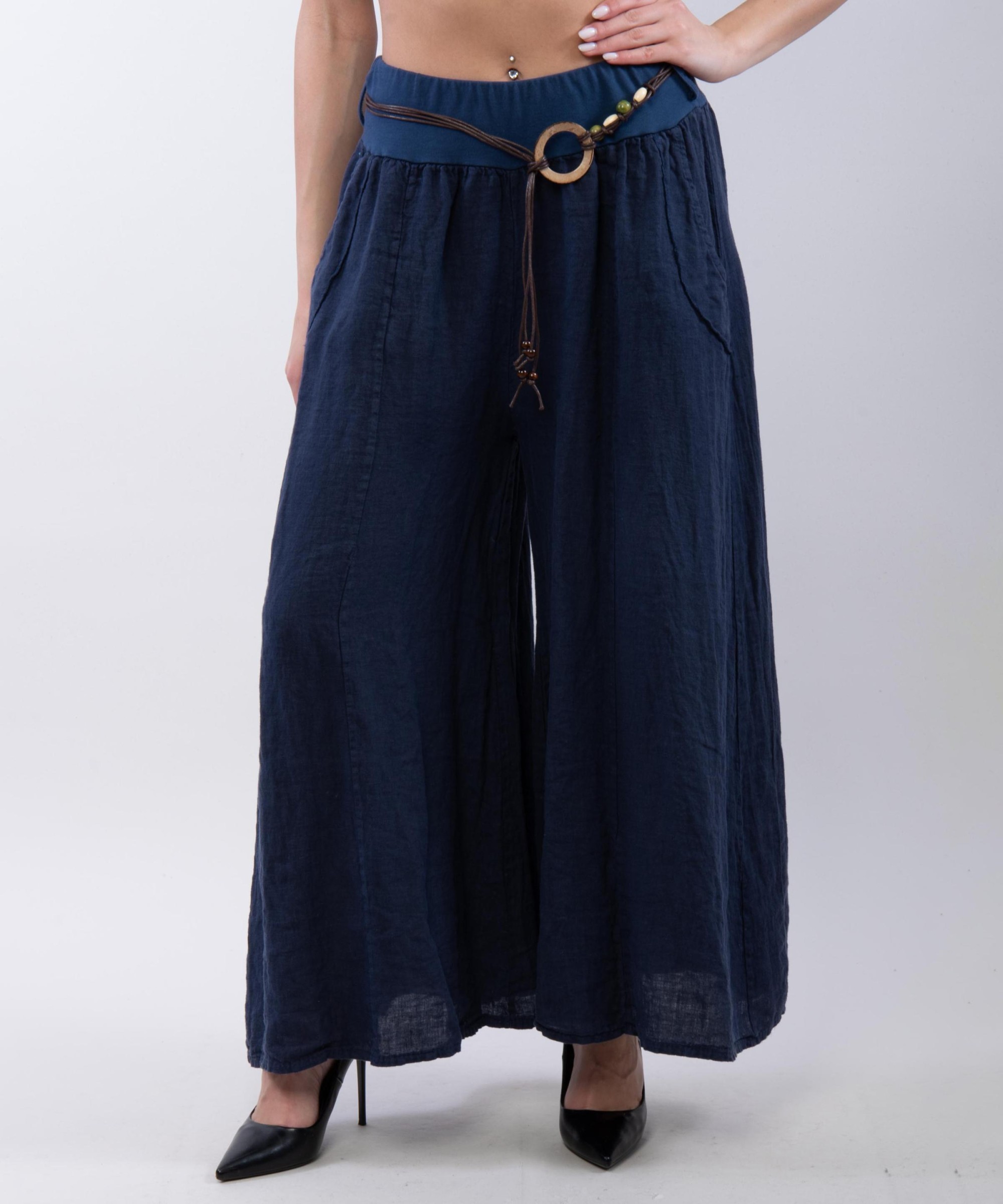 pantalone a palazzo in lino con cintura