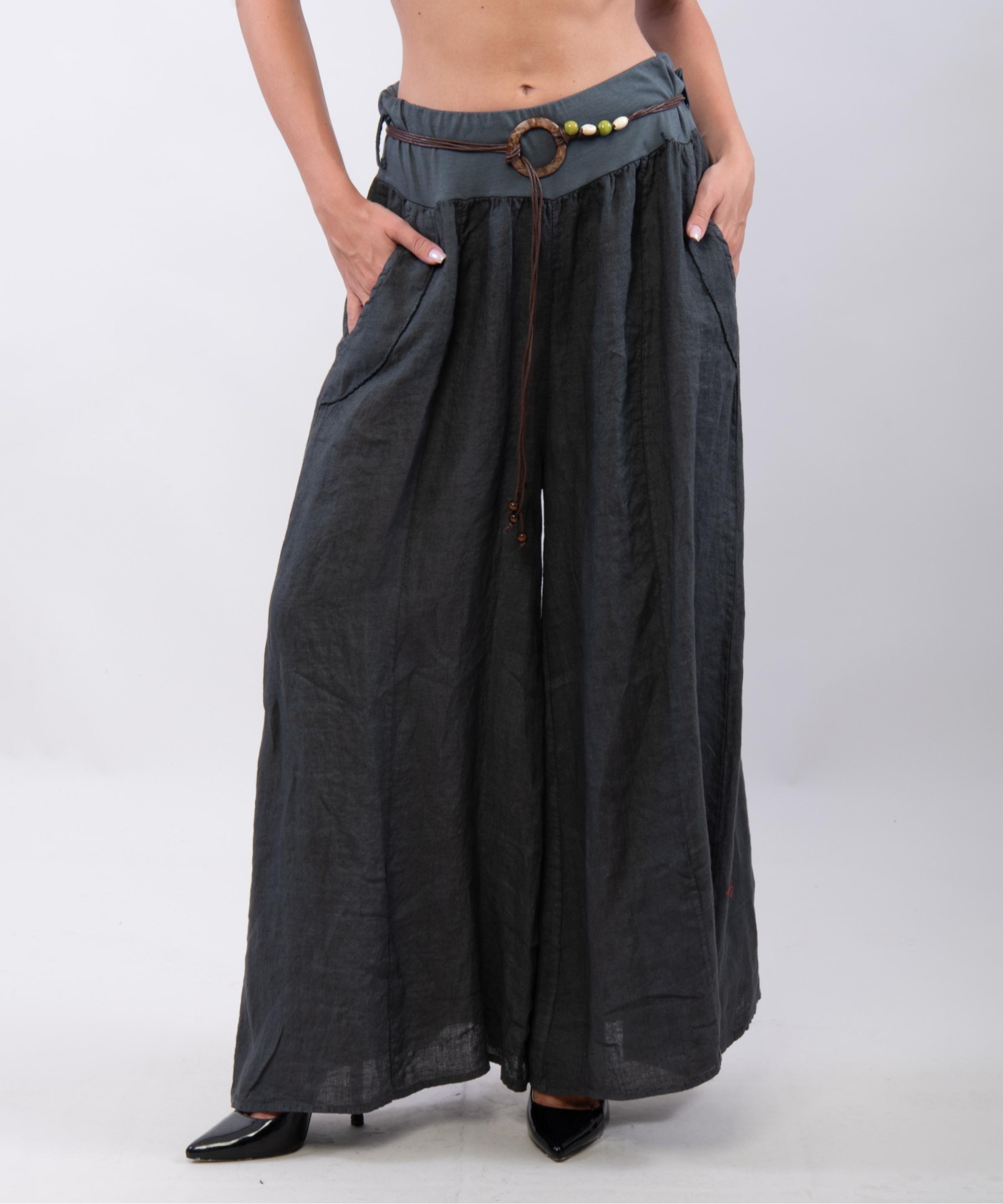 pantalone a palazzo in lino con cintura