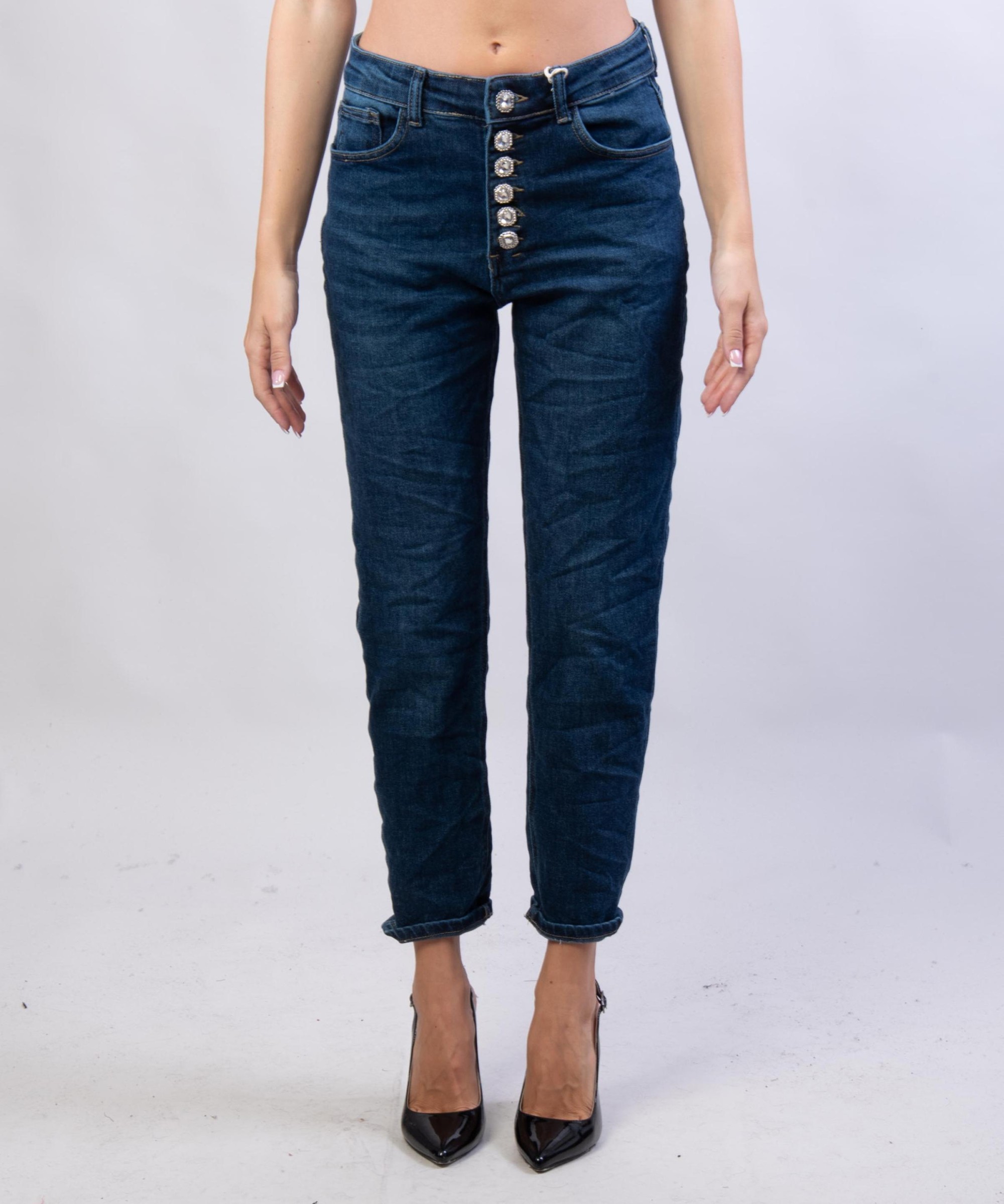 Pantaloni Jeans Dritti con Bottoni Gioello