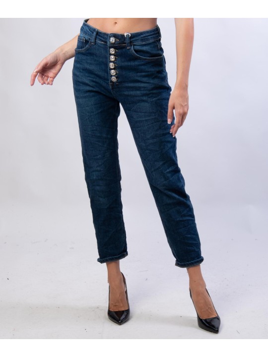 Pantaloni Jeans Dritti con Bottoni Gioello