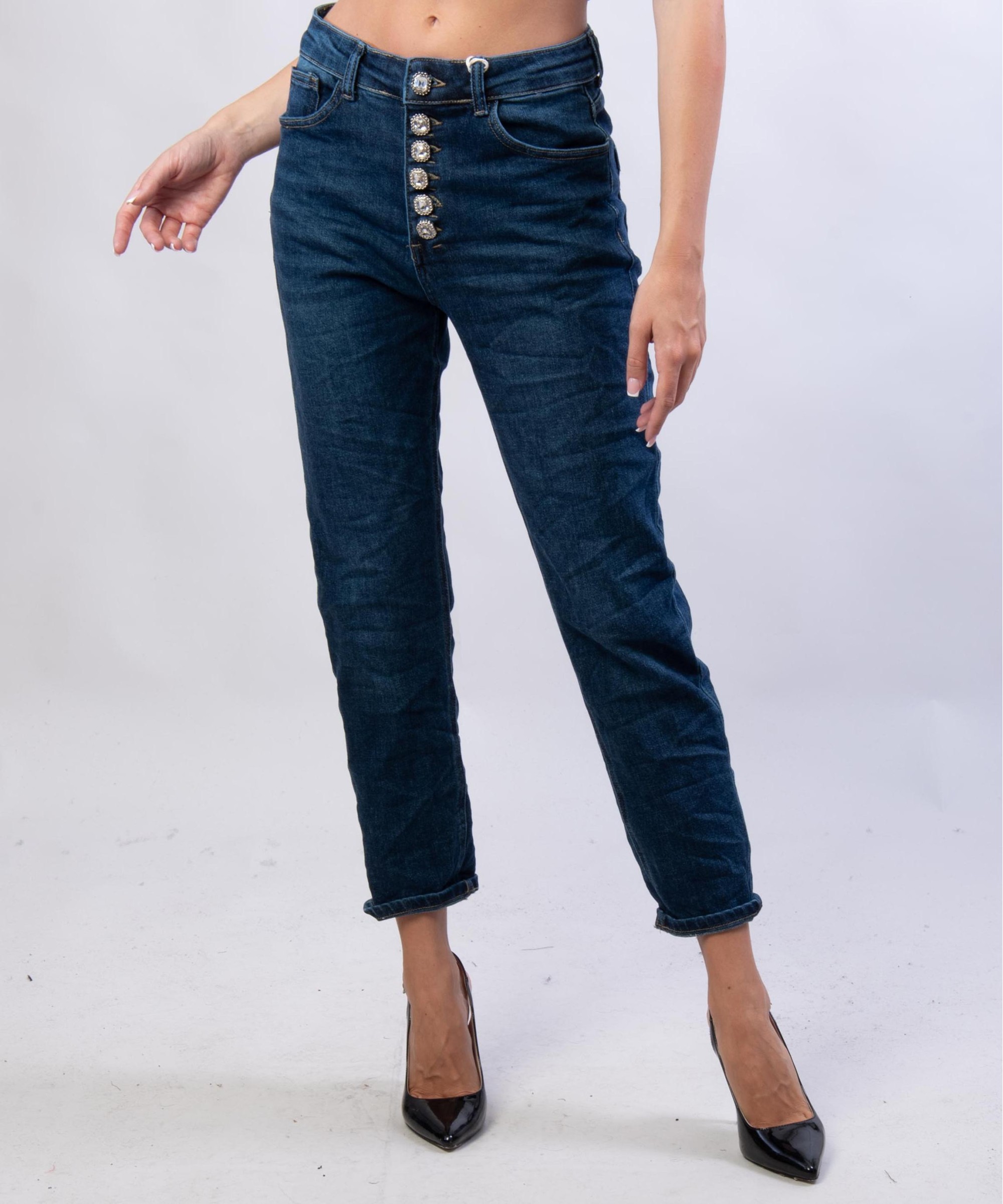Pantaloni Jeans Dritti con Bottoni Gioello