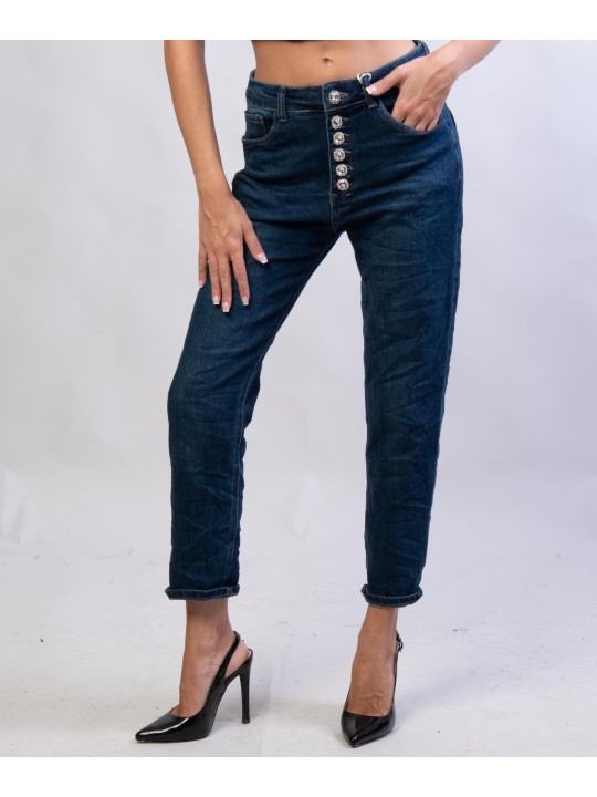Pantaloni Jeans Dritti con Bottoni Gioello