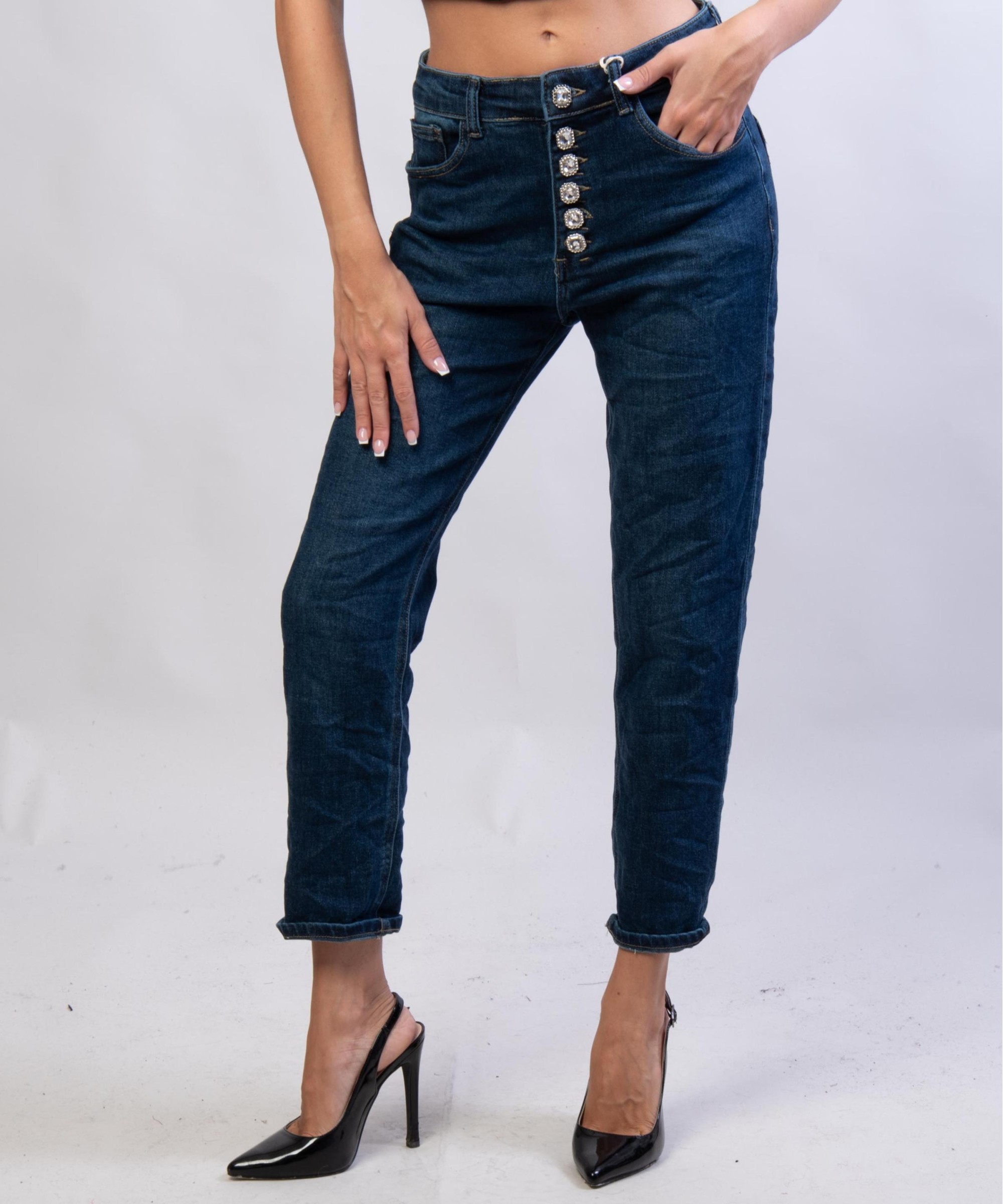 Pantaloni Jeans Dritti con Bottoni Gioello
