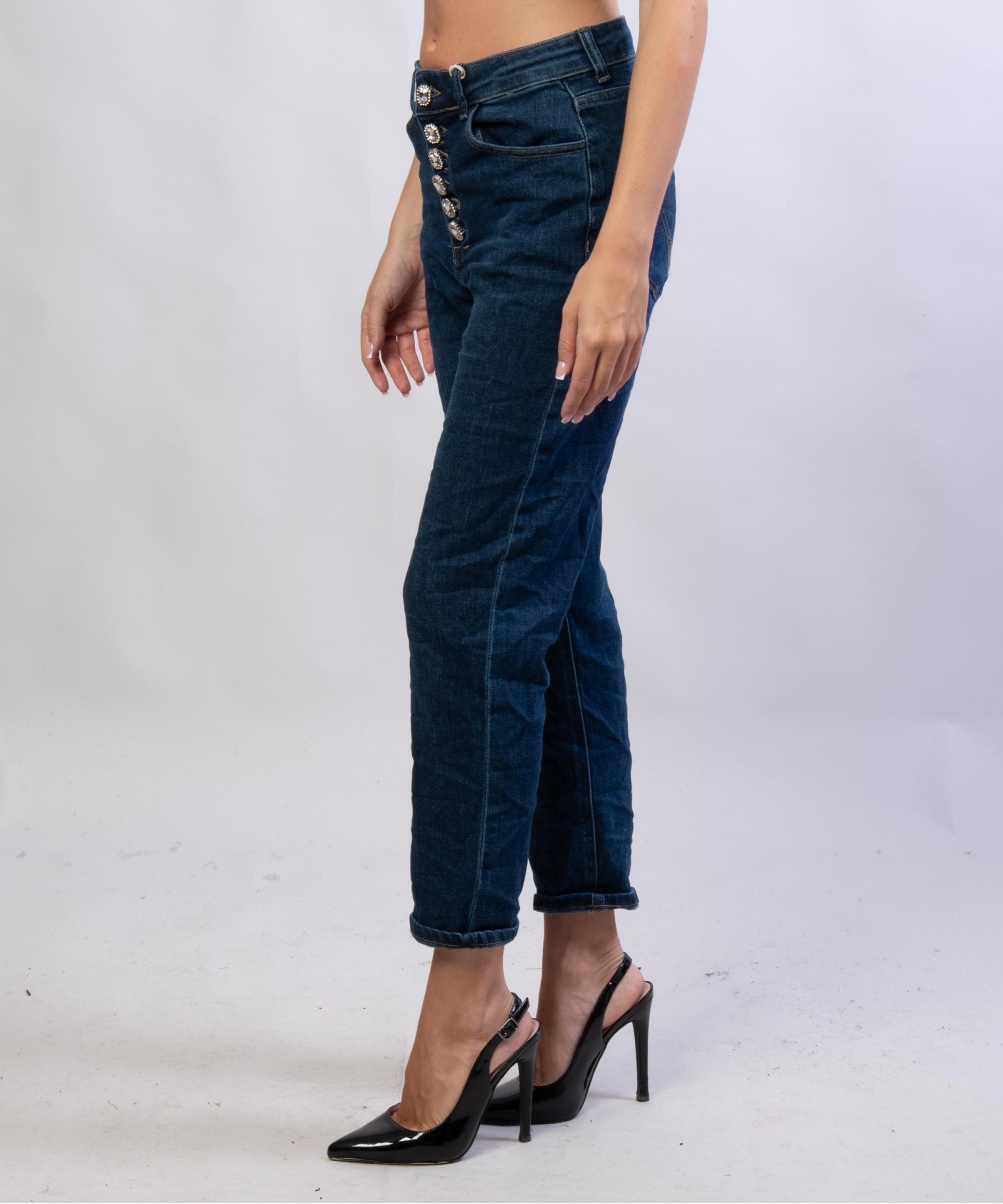 Pantaloni Jeans Dritti con Bottoni Gioello