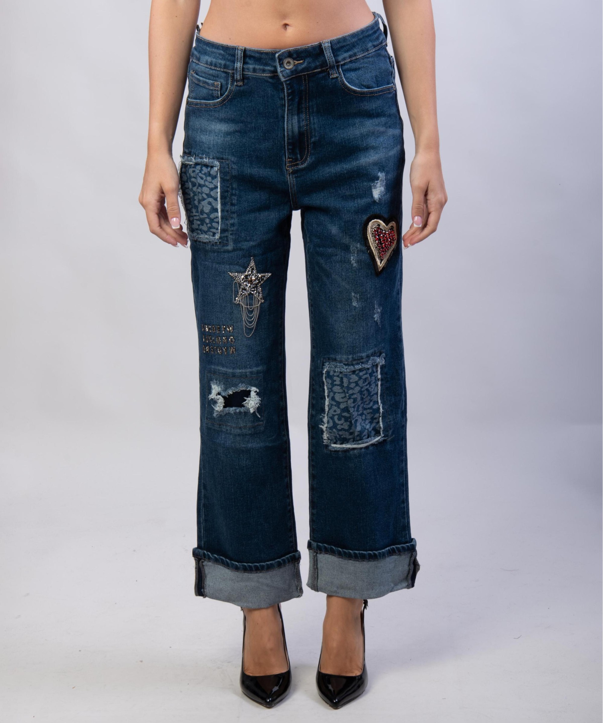 Pantaloni Jeans Dritti con Patchwork