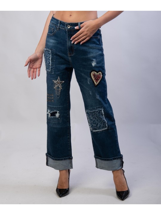 Pantaloni Jeans Dritti con Patchwork