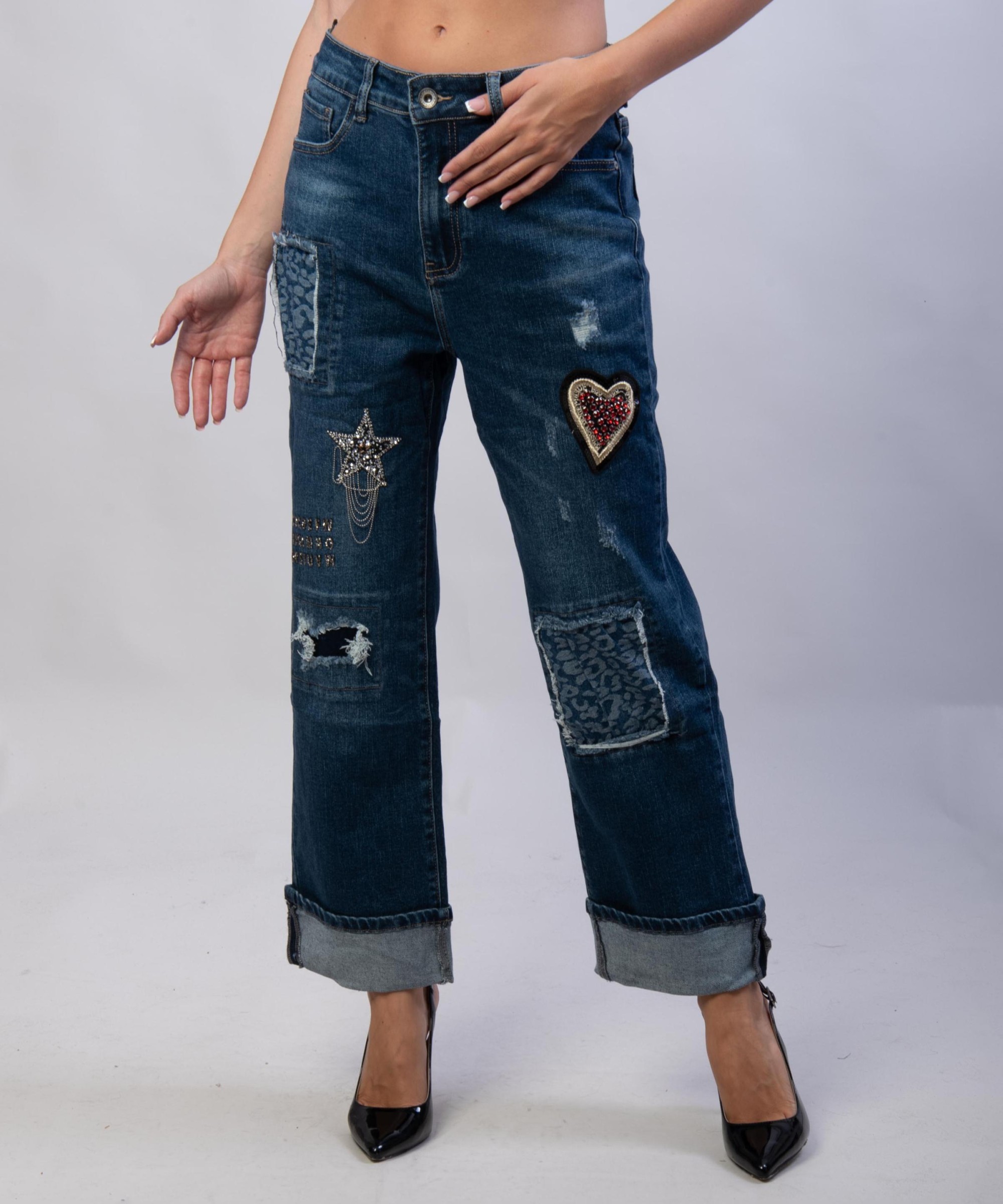 Pantaloni Jeans Dritti con Patchwork