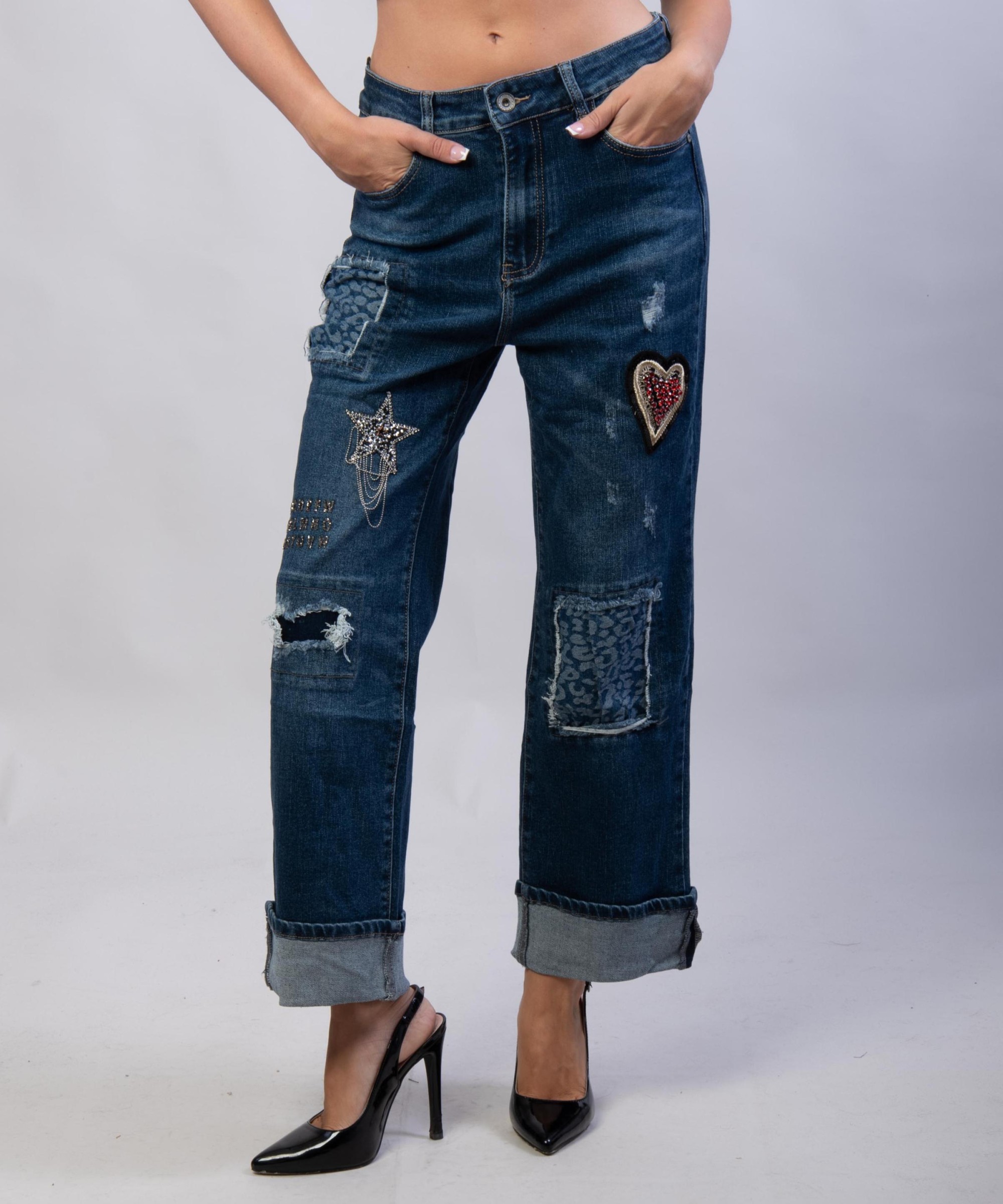 Pantaloni Jeans Dritti con Patchwork