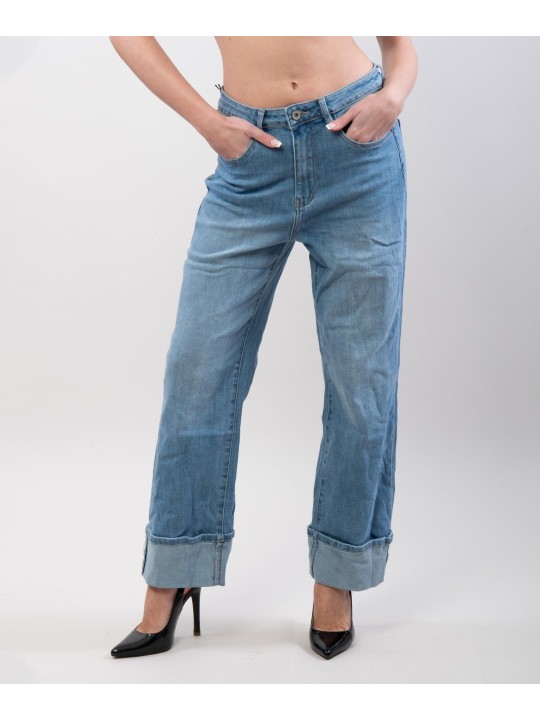 Pantaloni Jeans Culotte con Risvolto