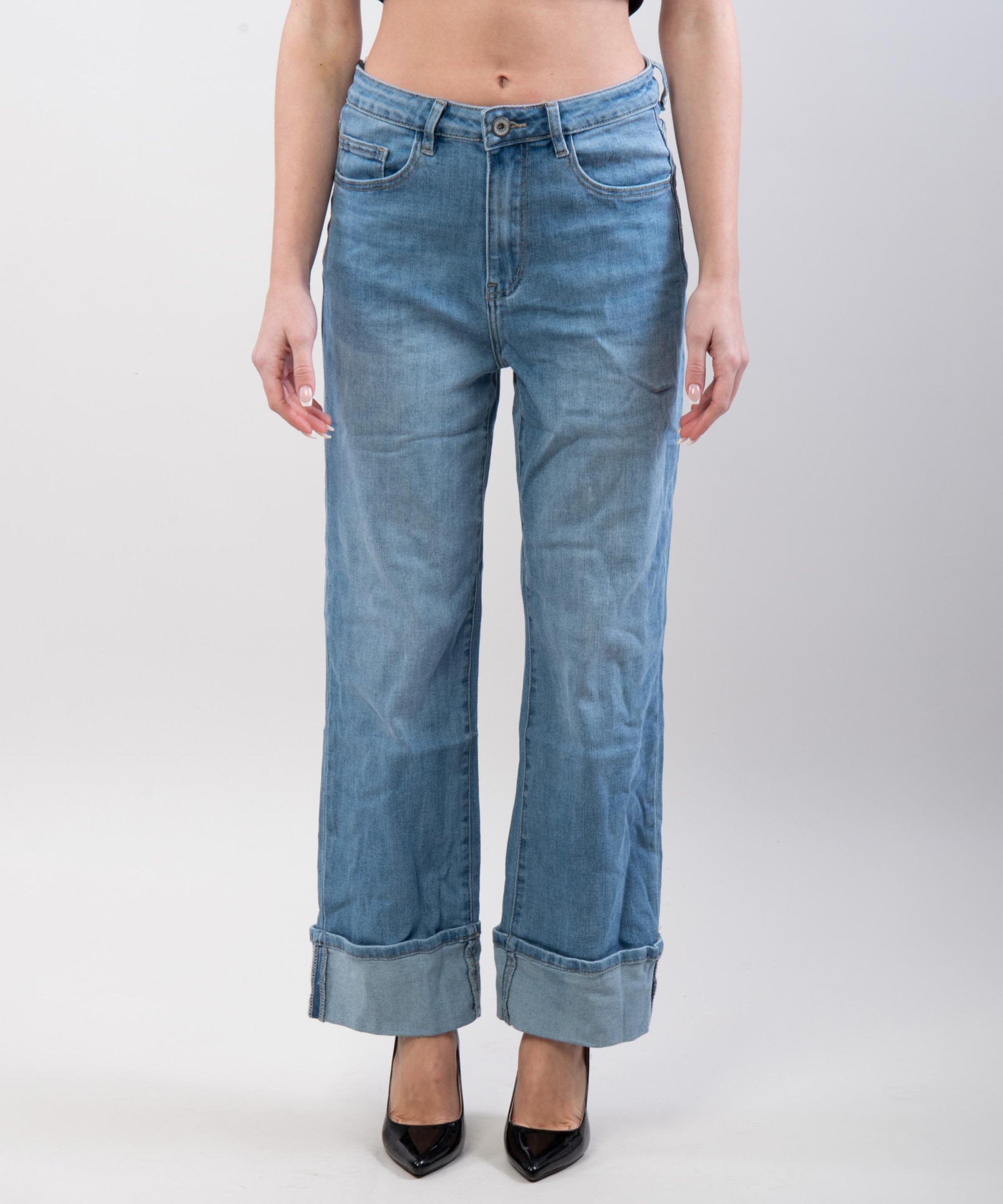 Pantaloni Jeans Culotte con Risvolto