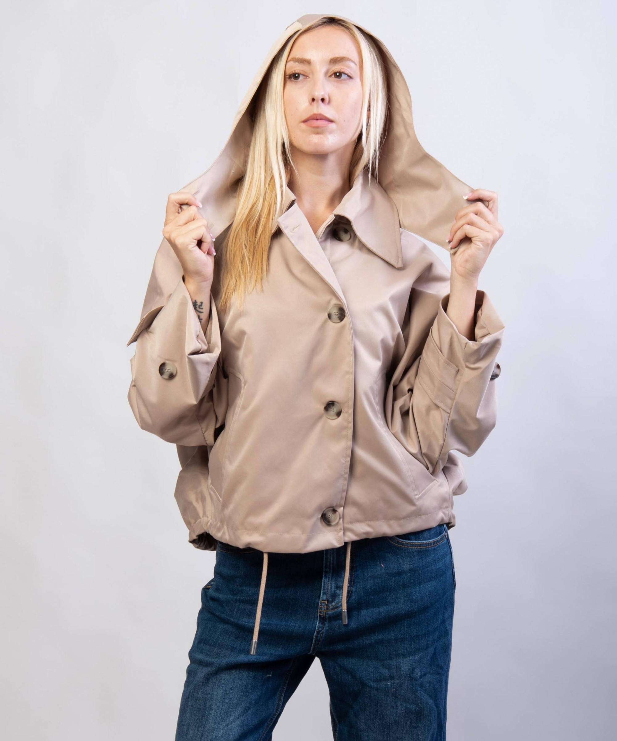 Giacca Trench Maniche a Pipistrello con Cappuccio Rimovibile