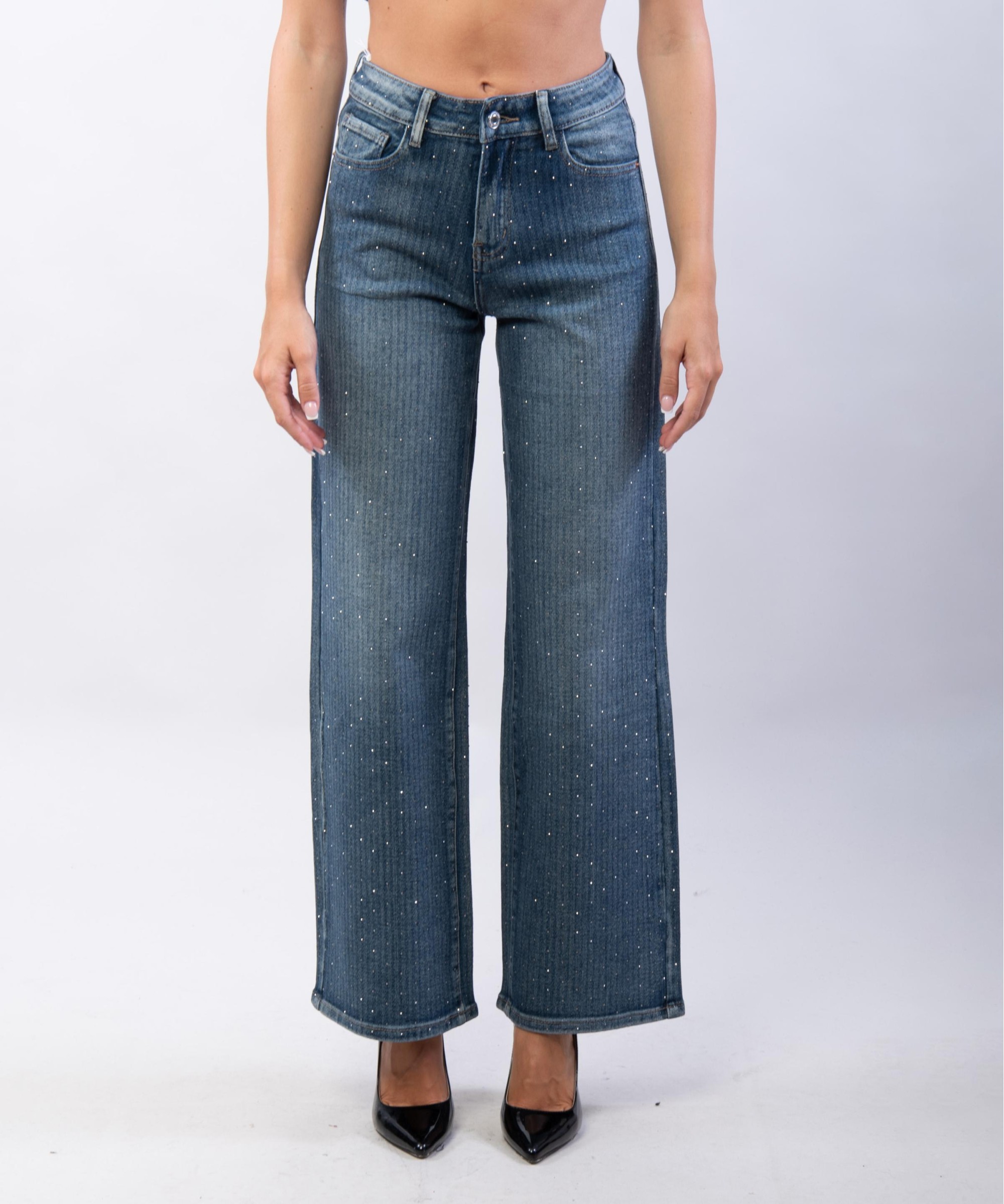 jeans a palazzo a righe con strass
