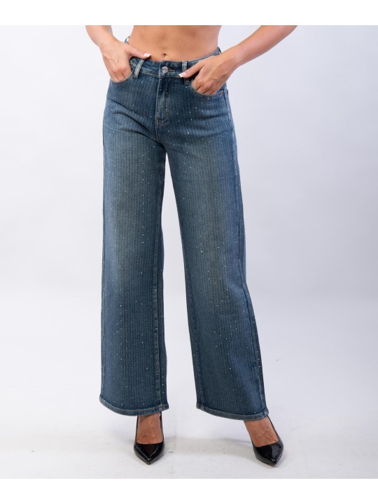 jeans a palazzo a righe con strass