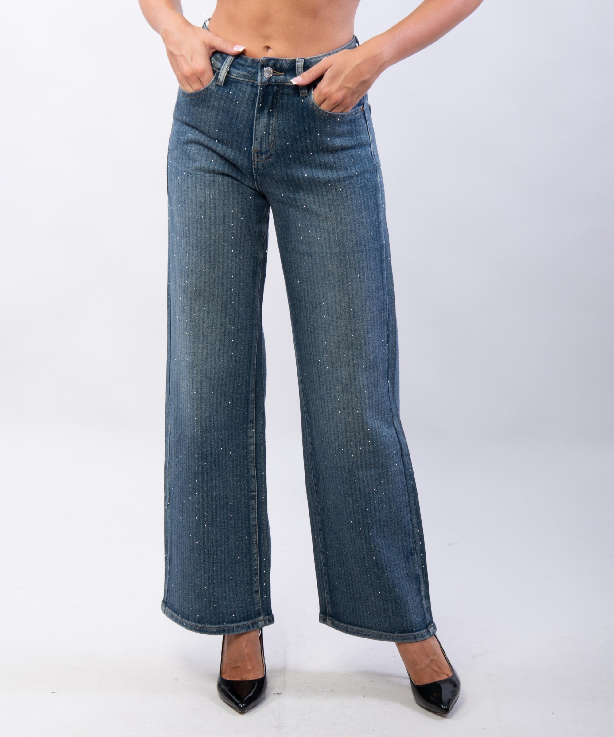 jeans a palazzo a righe con strass