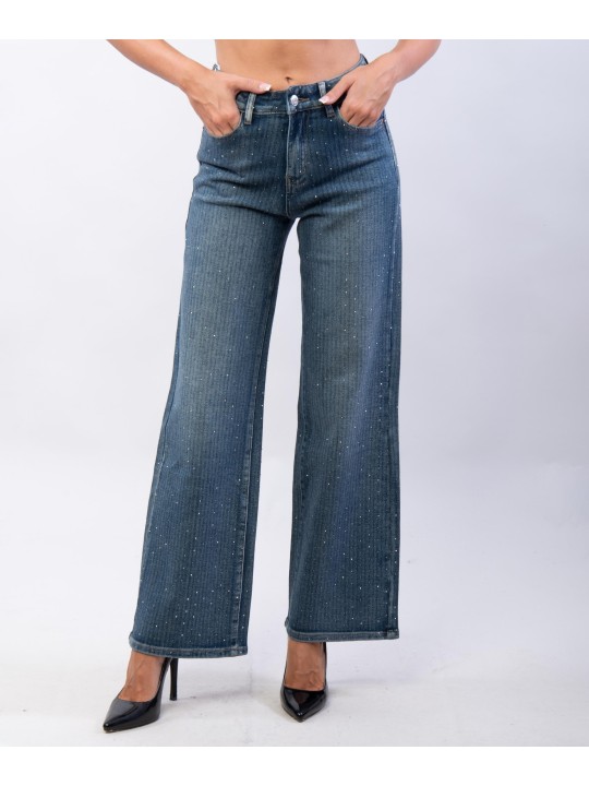 jeans a palazzo a righe con strass