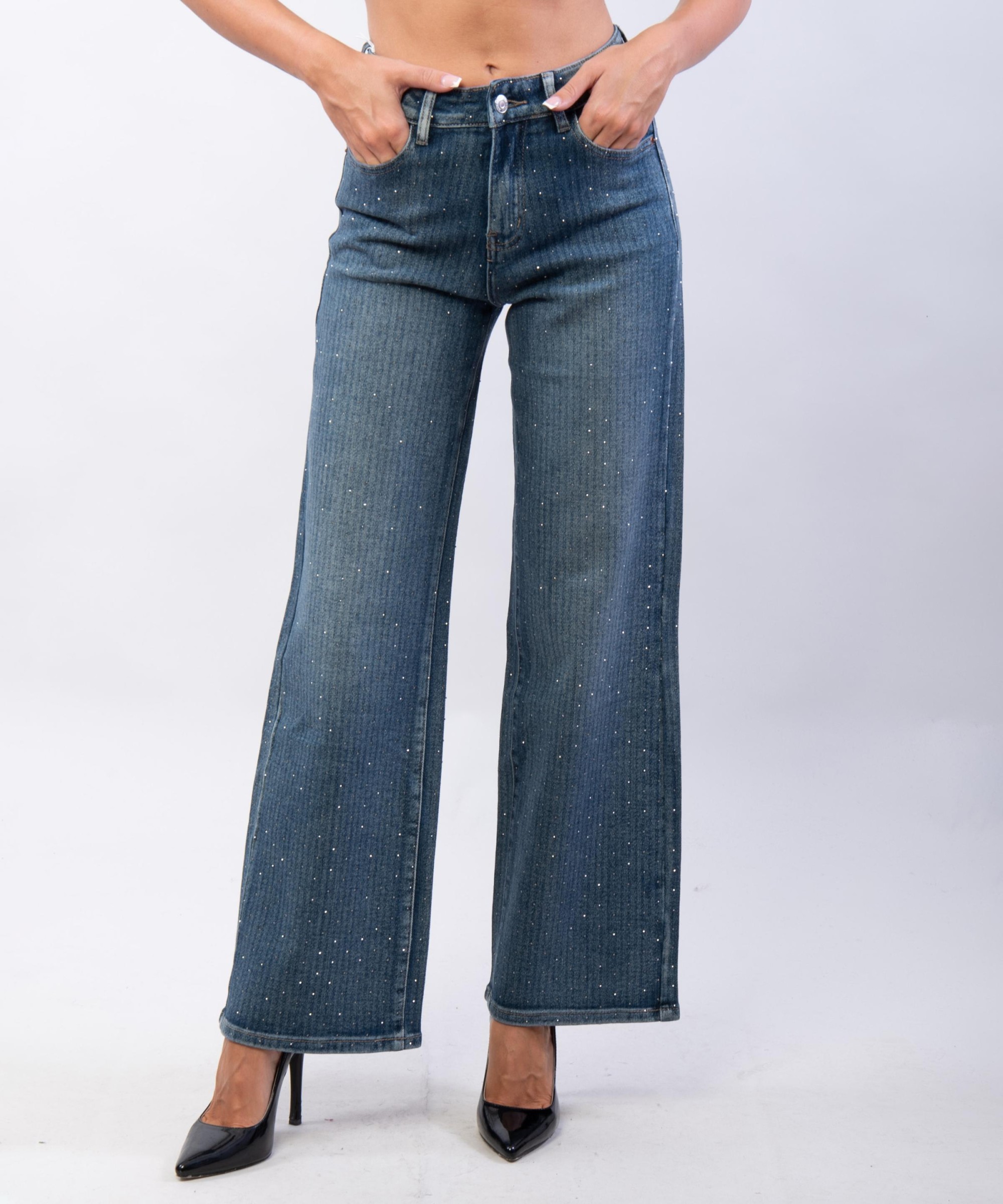 jeans a palazzo a righe con strass