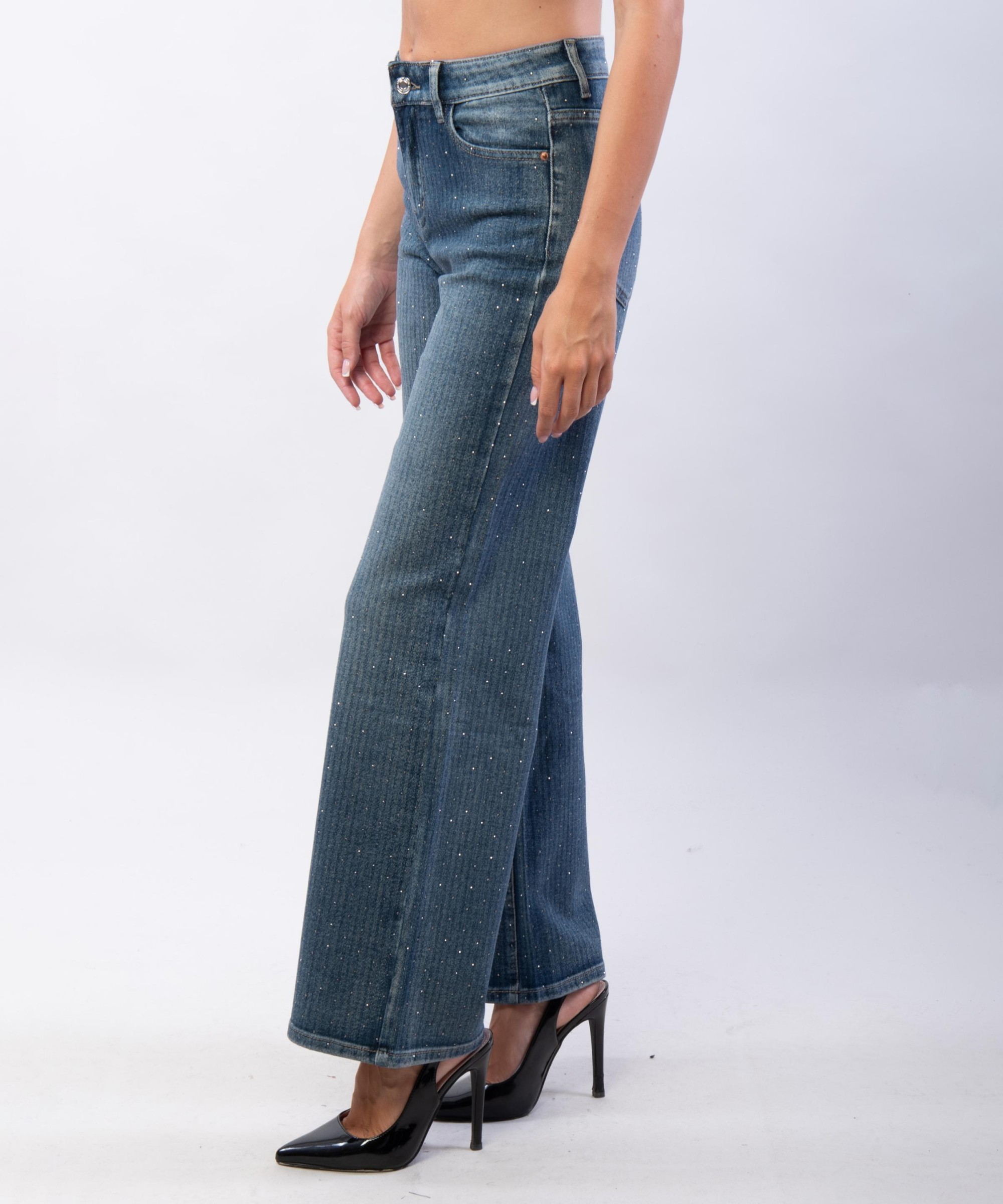 jeans a palazzo a righe con strass