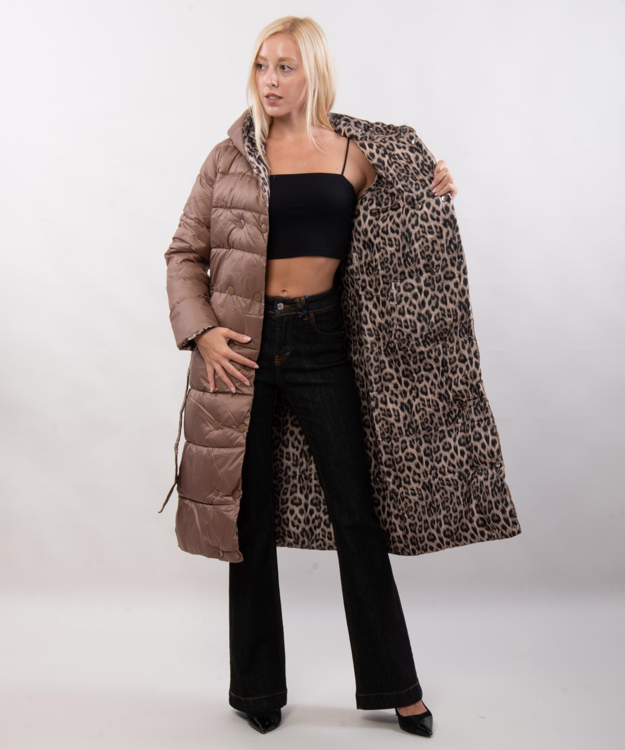 giubbotto lungo maculato reversibile con cappuccio